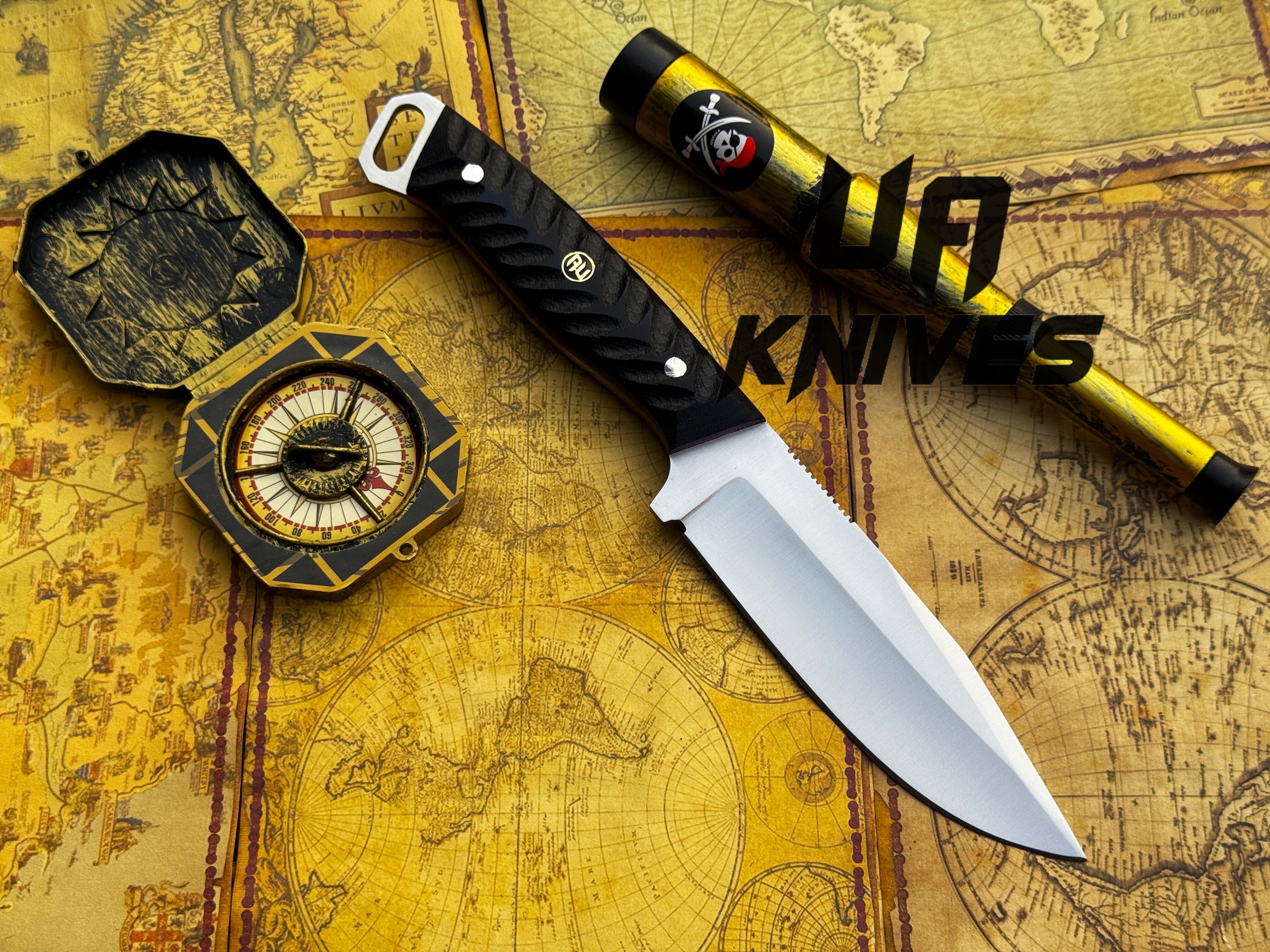 UA Night Stalker hunting knife with 12C27 stainless steel blade and black handle, displayed on a wooden surface.