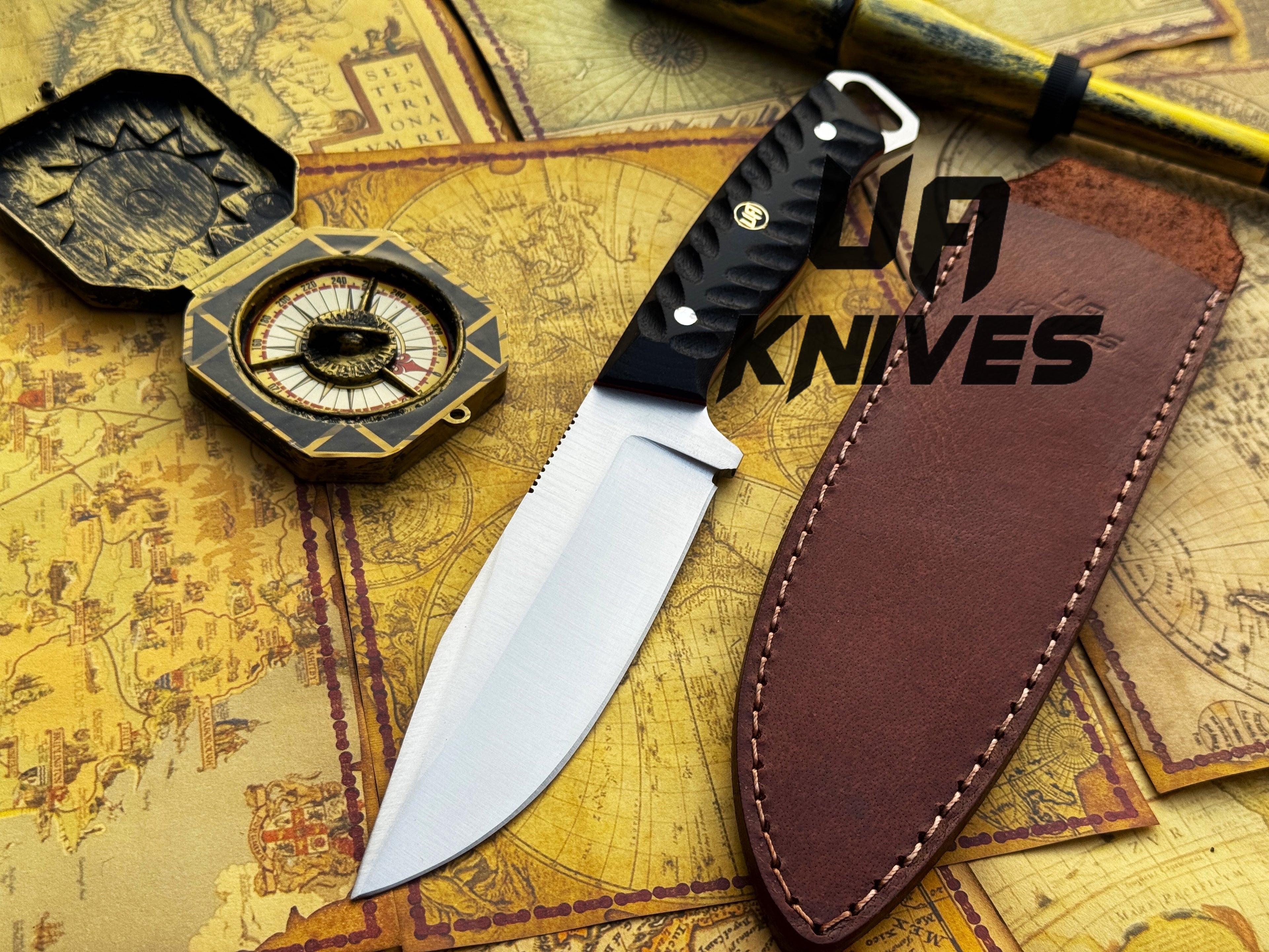 UA Knives Night Stalker hunting knife with 12C27 stainless steel blade and ergonomic handle, suitable for outdoor hunting tasks.