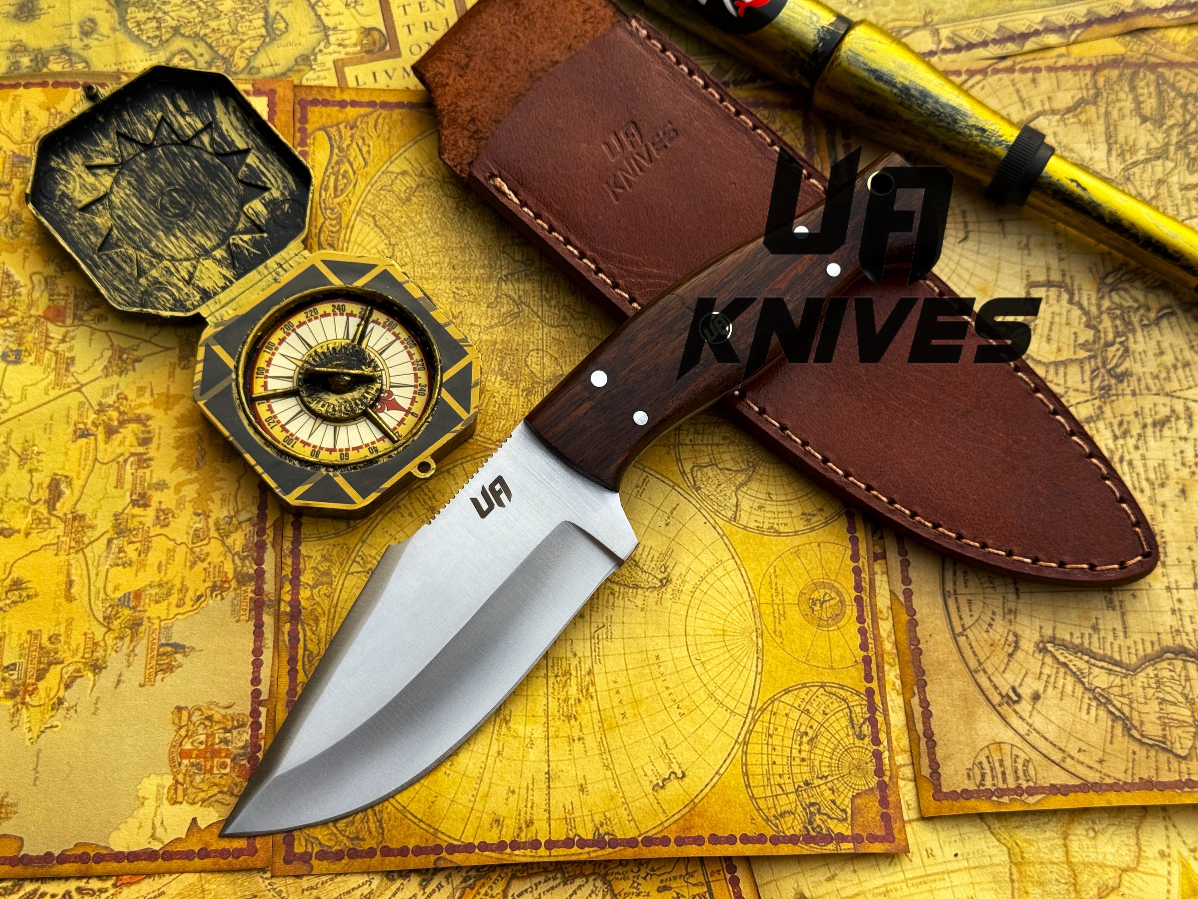 UA Black Thorne handmade camping knife with a rosewood handle and fixed blade, ideal for outdoor camping and survival tasks.