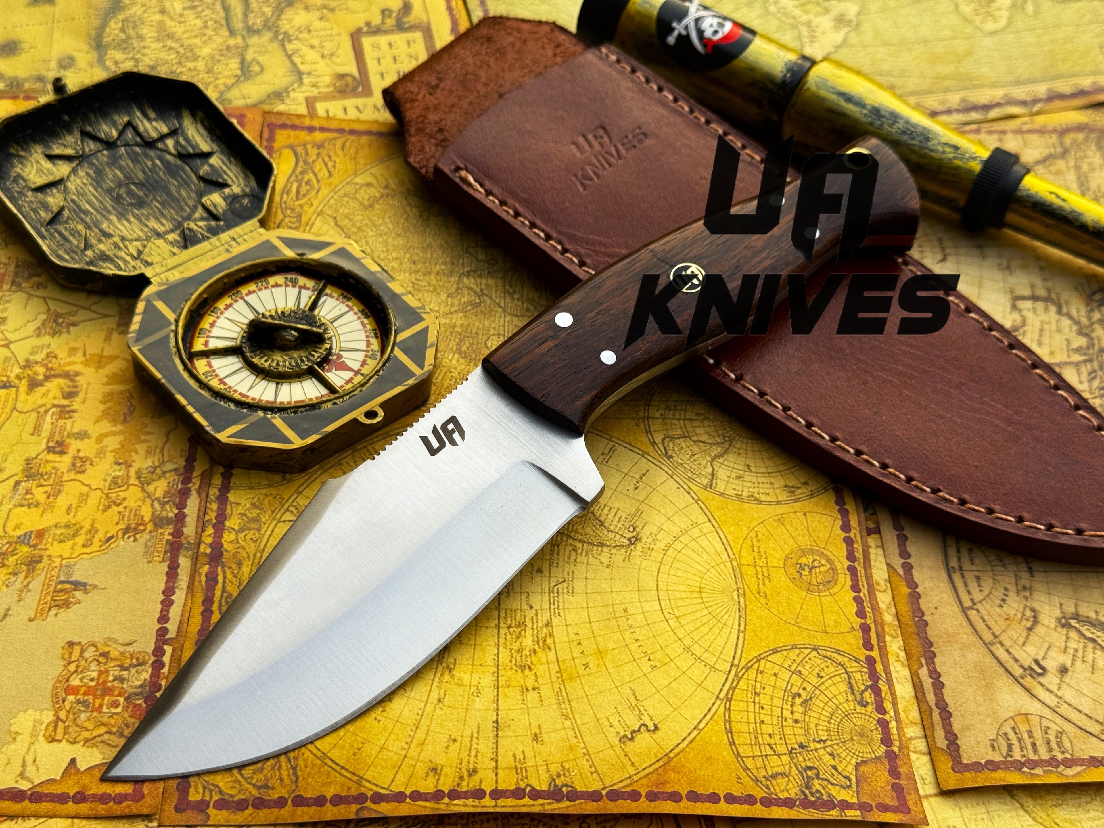 UA Knives Black Thorne handmade camping knife with rosewood handle, fixed blade for outdoor camping and survival tasks.