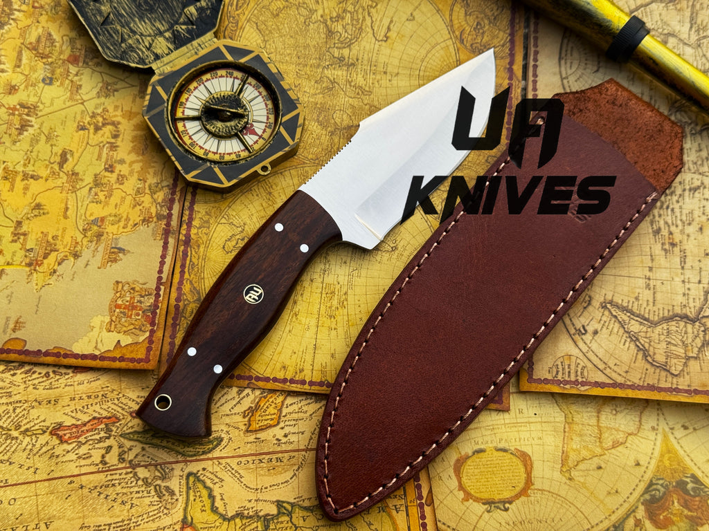 UA Black Thorne handmade camping knife with rosewood handle, fixed blade, perfect for outdoor camping and survival tasks.