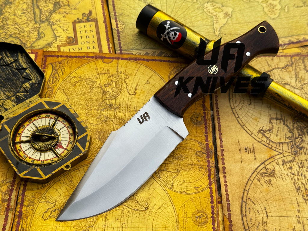 UA Black Thorne handmade camping knife with a rosewood handle, fixed blade design by UA Knives.