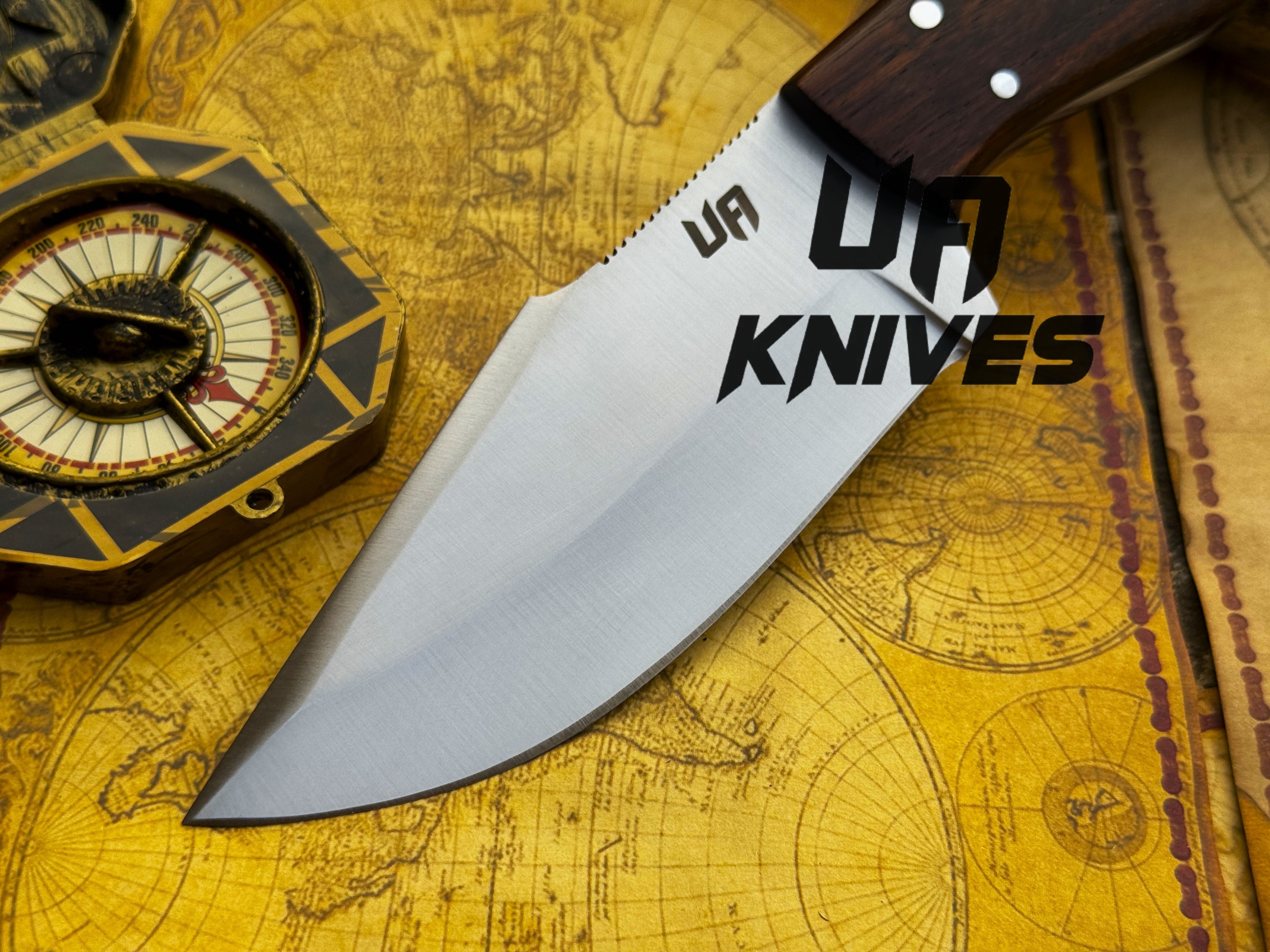 UA Black Thorne handmade fixed blade camping knife with rosewood handle, ideal for outdoor camping and survival tasks.