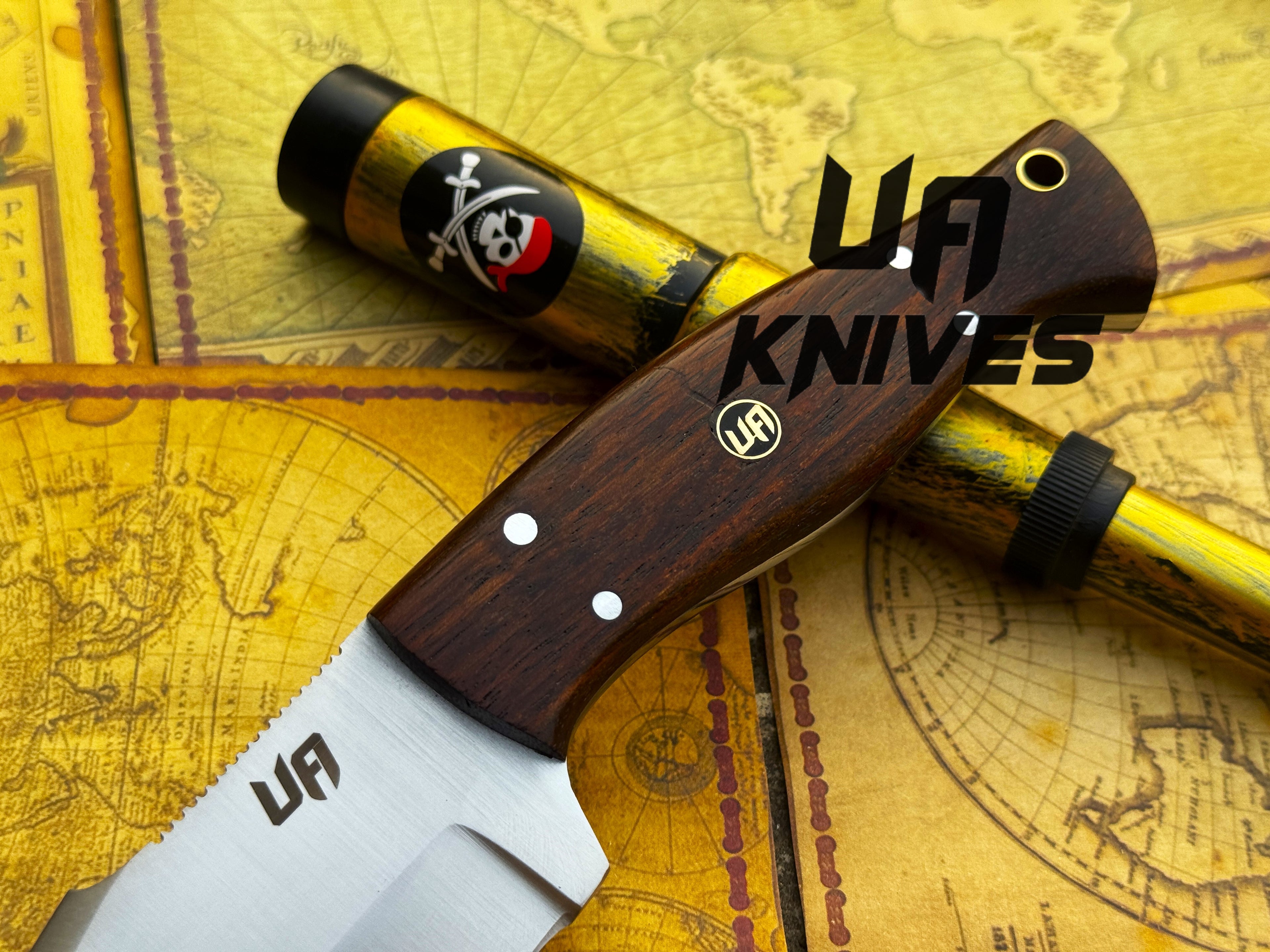 UA Knives Black Thorne camping knife with handmade fixed blade and rosewood handle, suitable for outdoor camping and survival use.