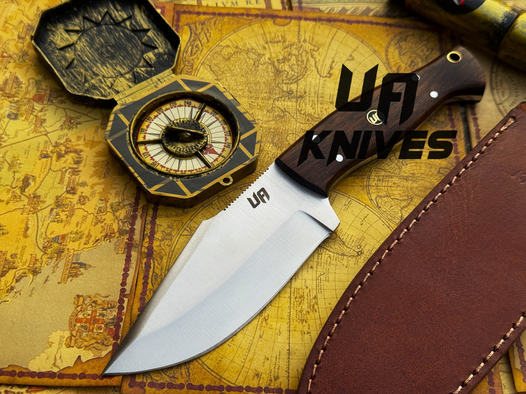 UA Black Thorne handmade fixed blade camping knife with a rosewood handle, ideal for outdoor camping and survival tasks.