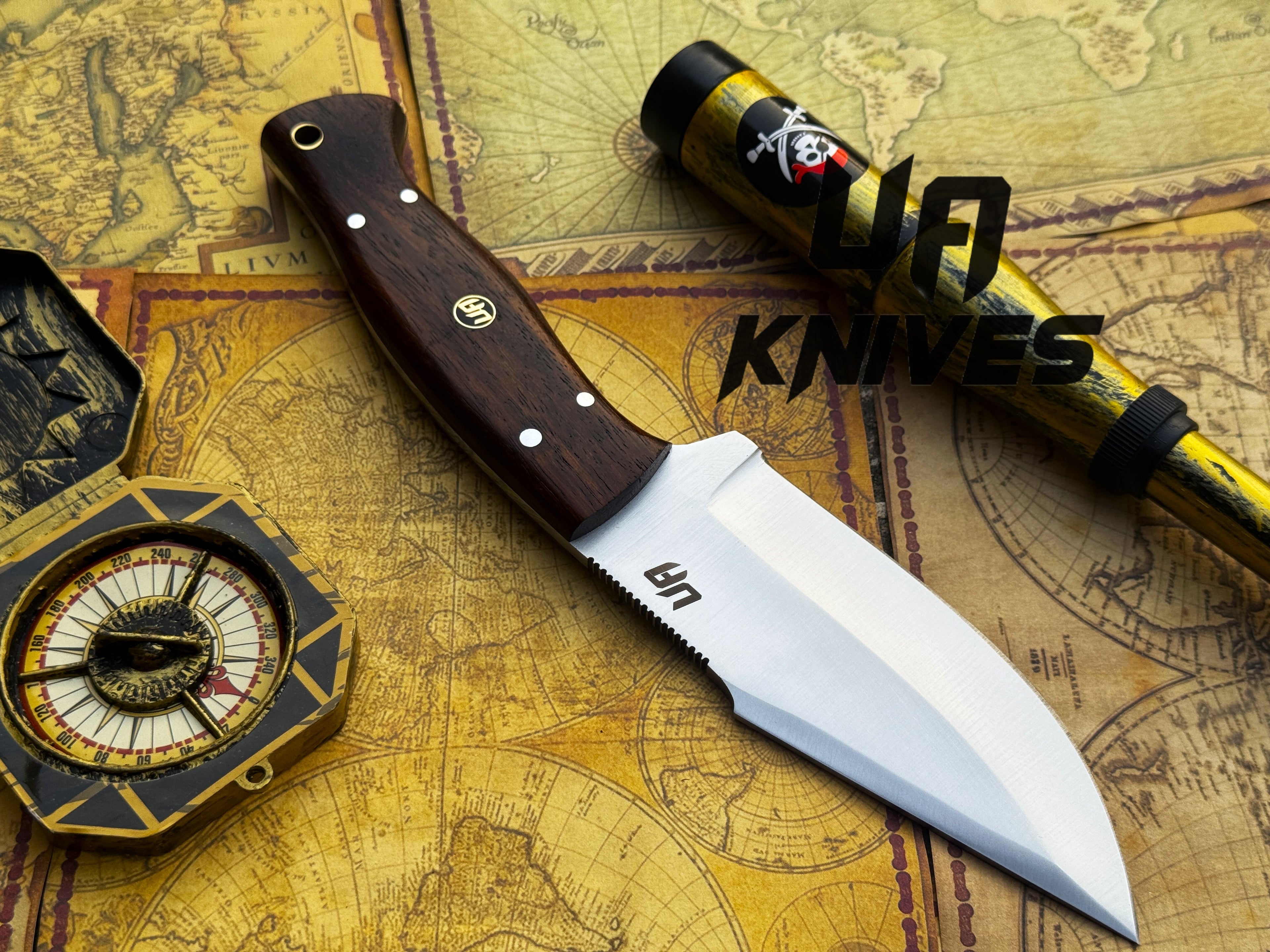 UA Knives Black Thorne handmade camping knife with a rosewood handle and fixed blade, ideal for outdoor camping and survival.