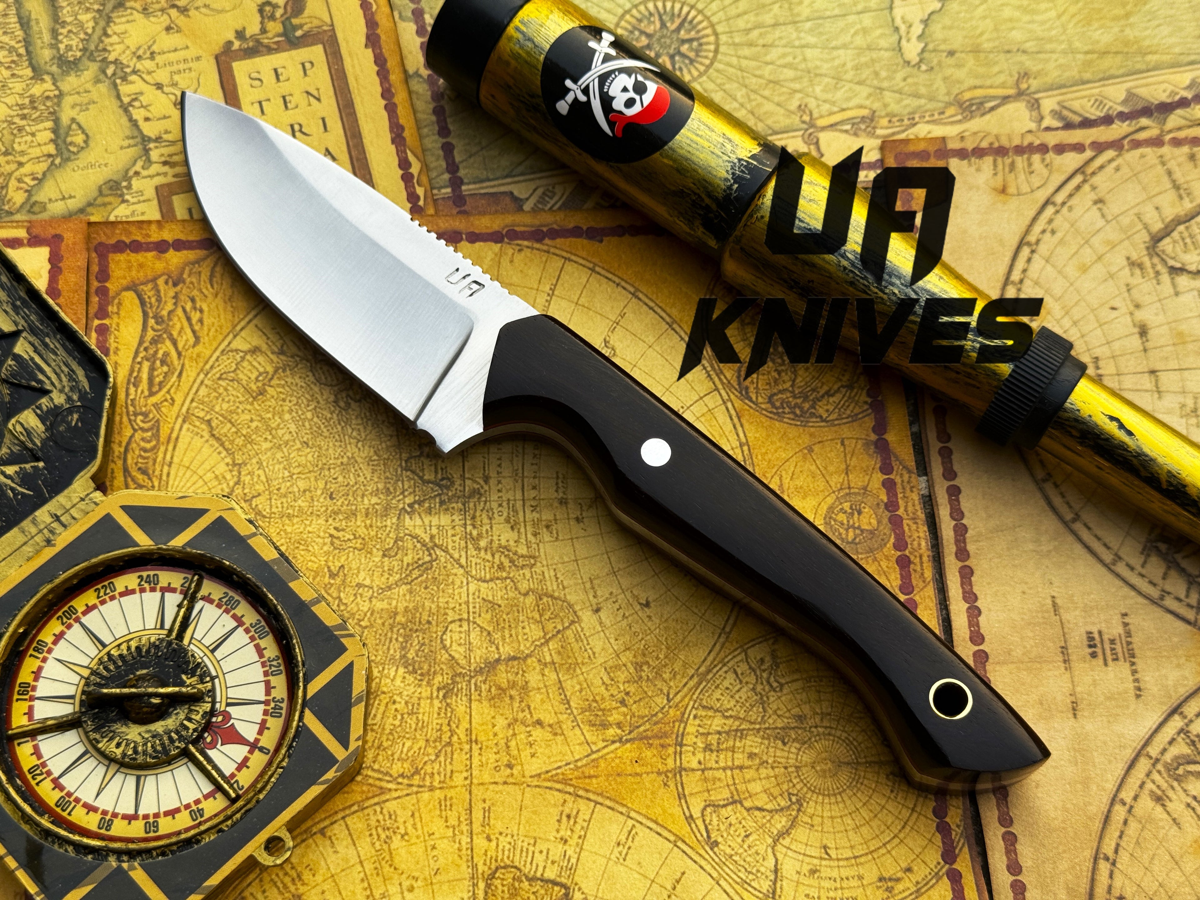 UA Oakheart handmade survival and bushcraft camping knife with wooden handle and sharp blade, designed for outdoor adventure.