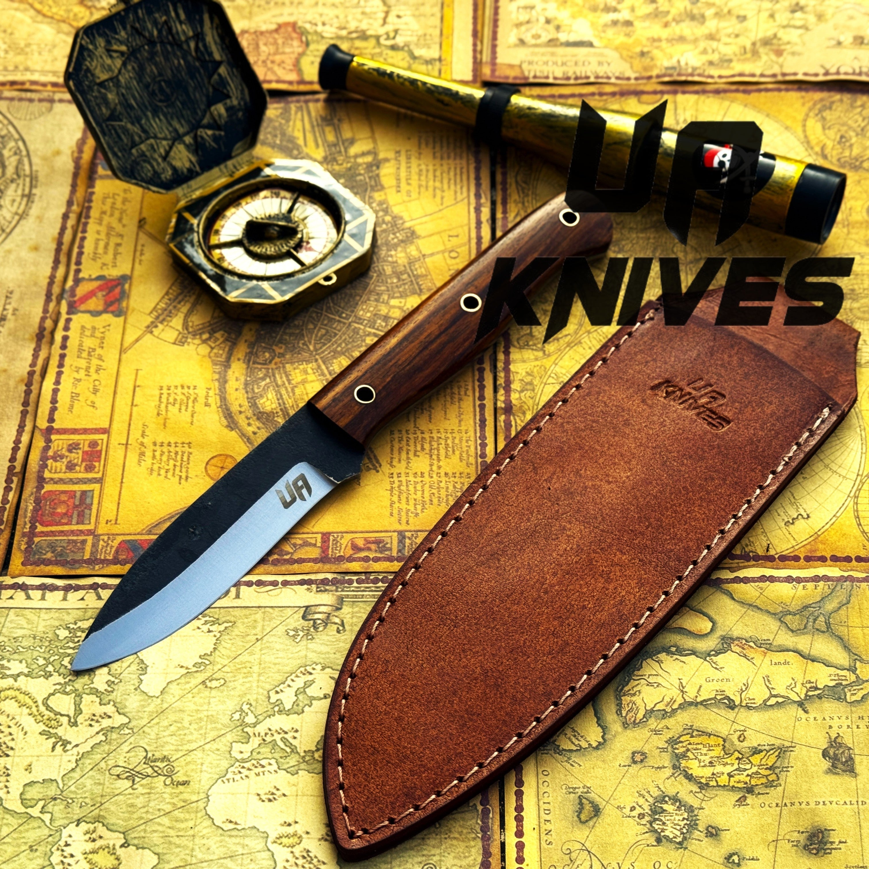 UA Knives True Guide camping knife with hand-forged Scandinavian blade and ergonomic rosewood handle, ideal for bushcraft camping.