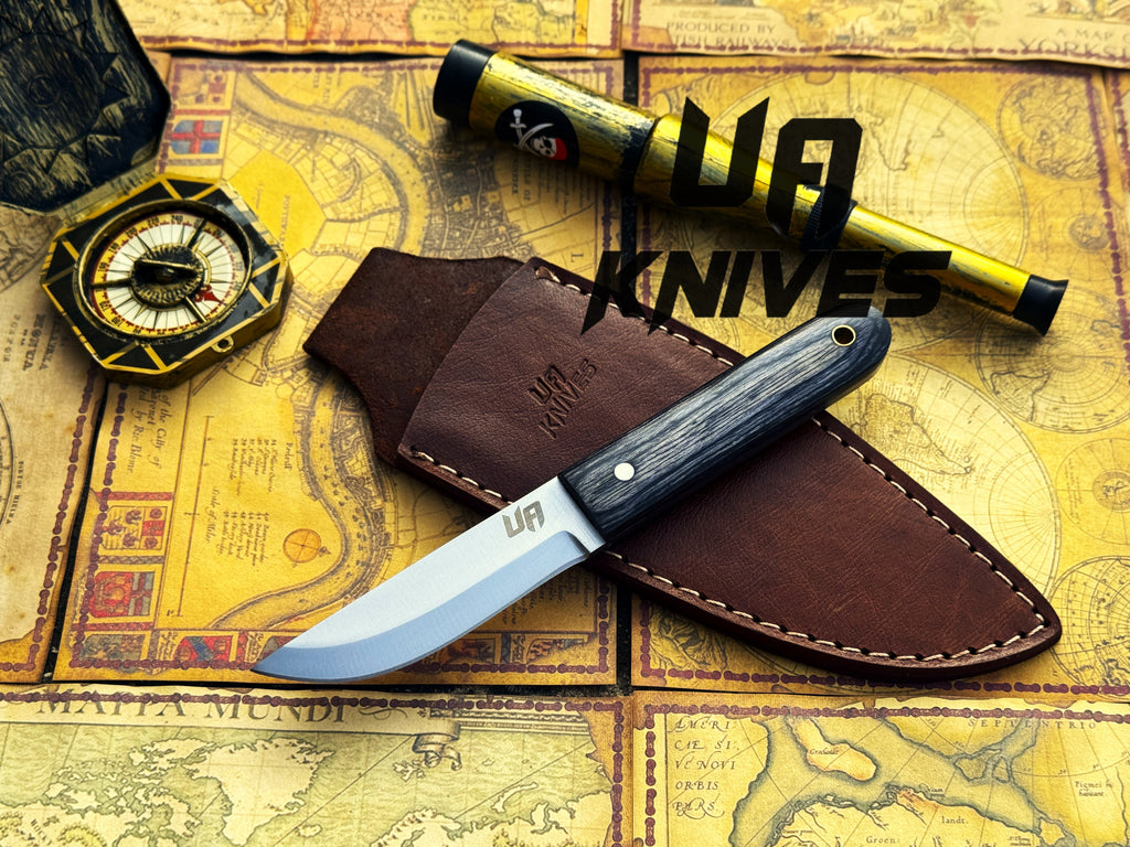 UA Knives Eagle Eye camping knife with full tang stainless steel blade and sheath, hand-forged Pakku style EDC knife.