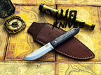 UA Knives Eagle Eye camping knife with full tang stainless steel blade and sheath, hand-forged Pakku style EDC knife.