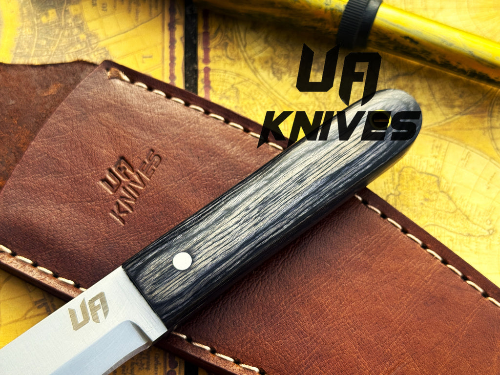 UA Knives Eagle Eye camping knife with hand-forged full tang stainless steel blade and sheath, suitable for outdoor use