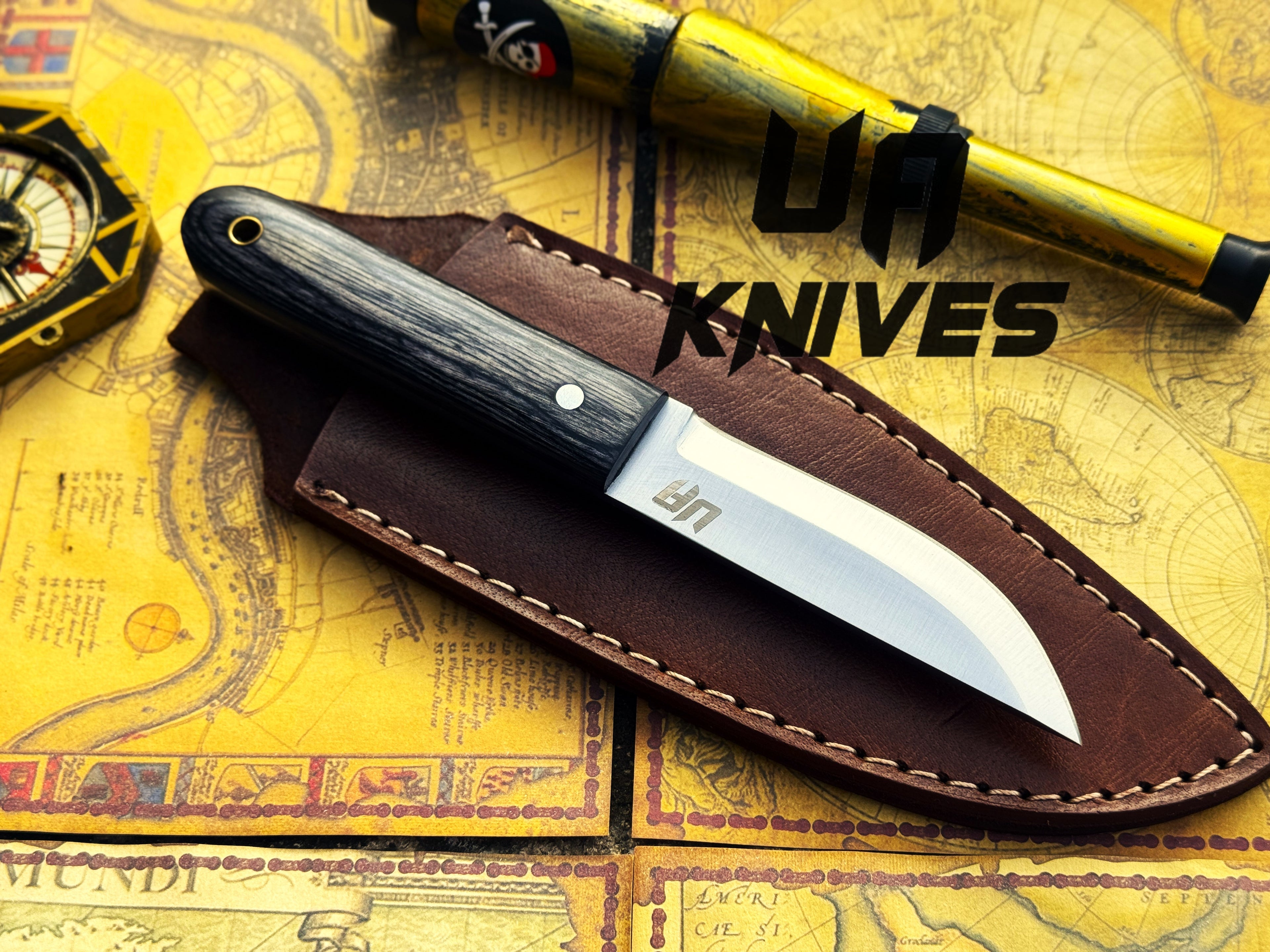 UA Eagle Eye camping knife by UA Knives, hand-forged stainless steel EDC knife with sheath and full tang design.