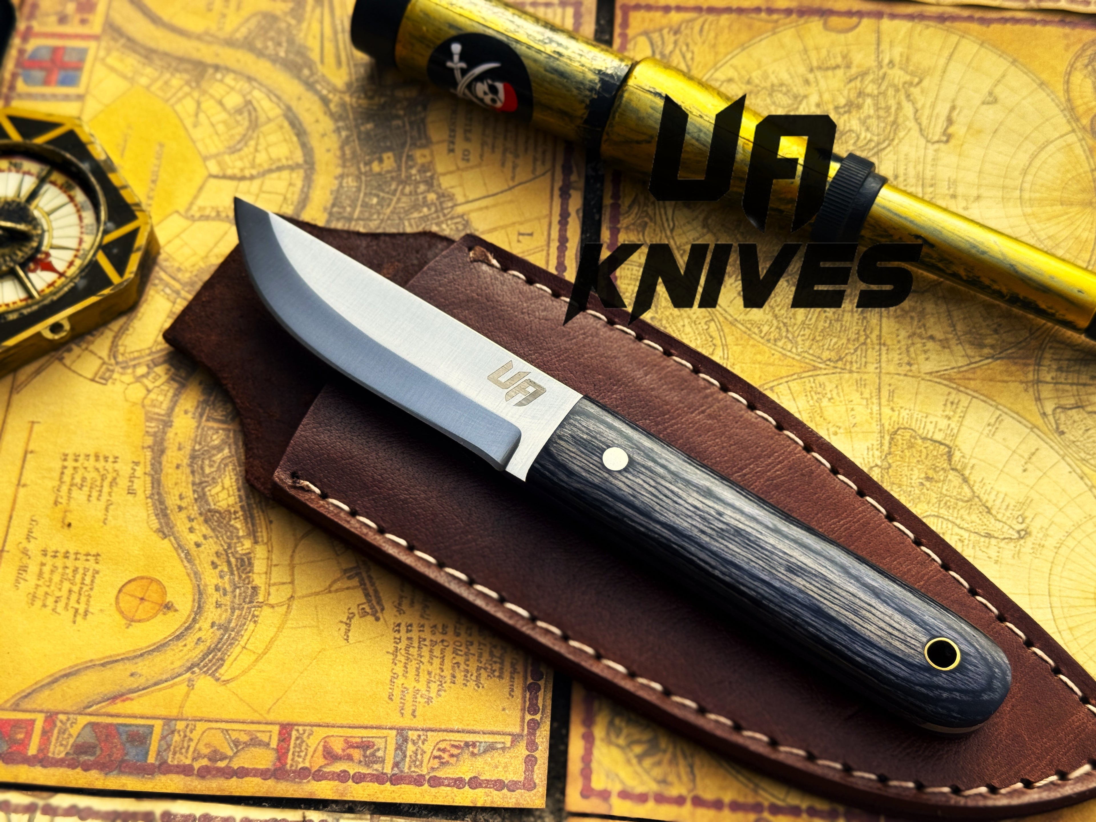 UA Knives Eagle Eye camping knife with full tang stainless steel blade and sheath, designed for outdoor and EDC use.