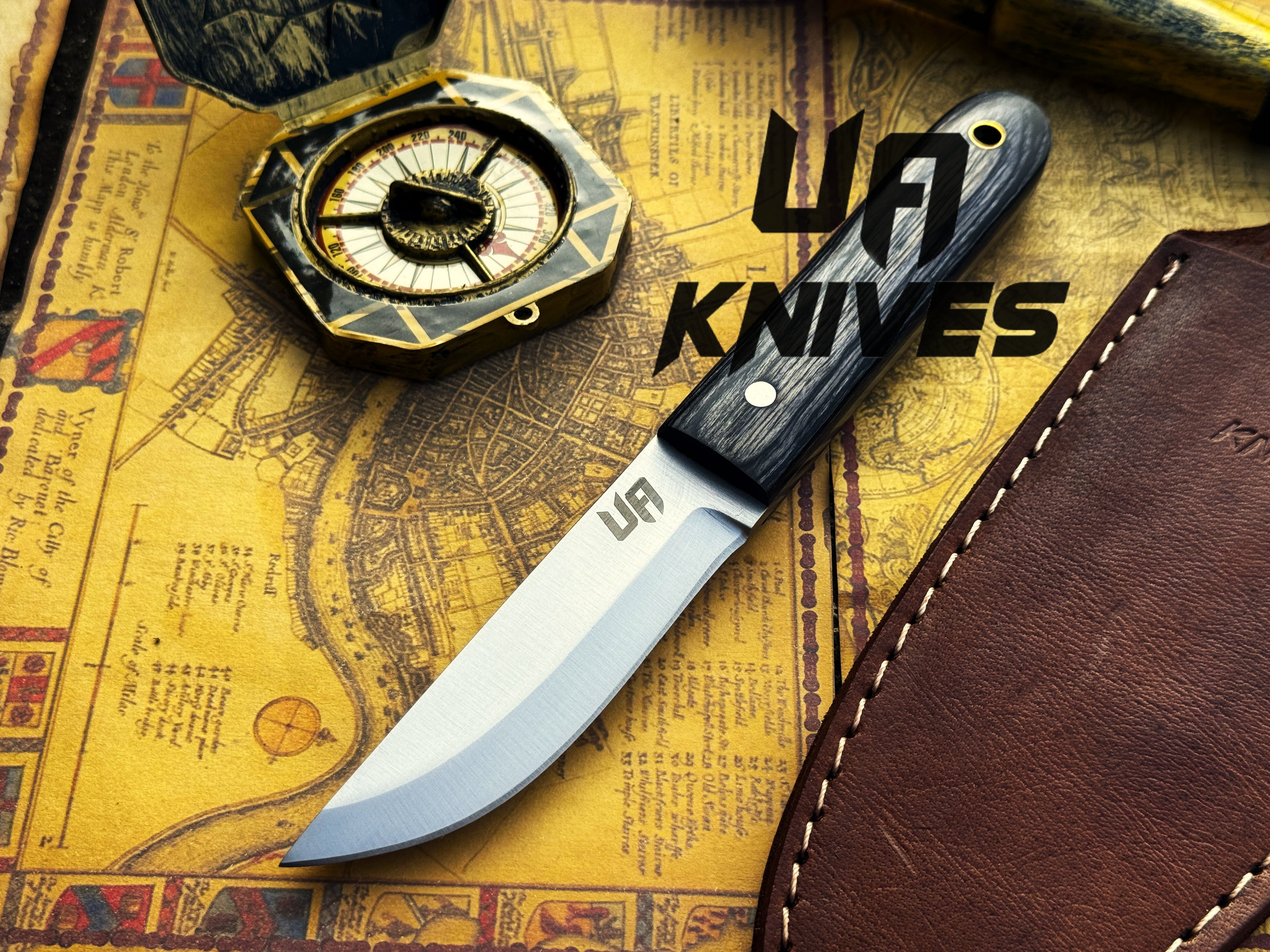 UA Eagle Eye camping knife by UA Knives, hand-forged Pakku style full tang stainless steel EDC knife with sheath, outdoors setting