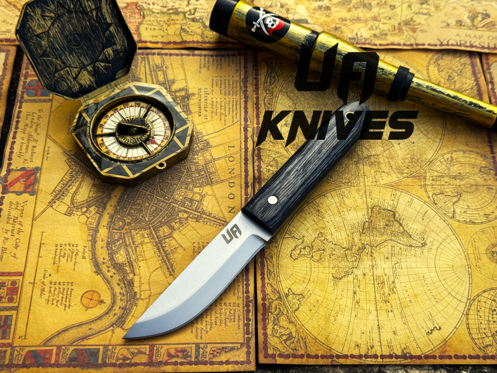 UA Knives Eagle Eye camping knife with hand-forged stainless steel blade and sheath, full tang design for outdoor use