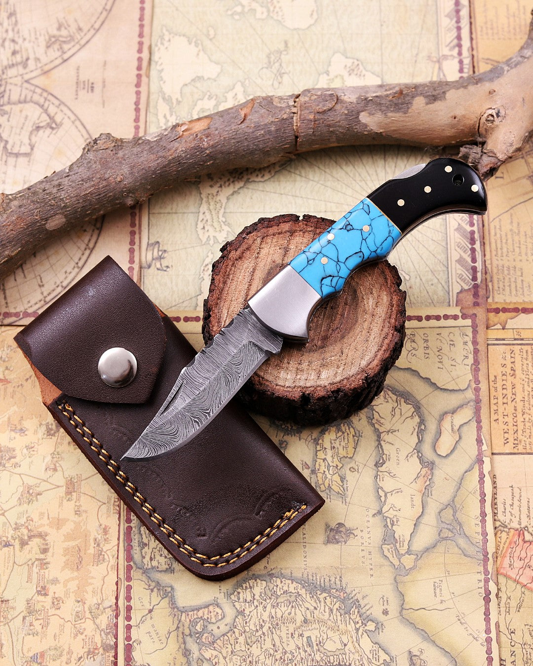 Handmade Damascus Steel Folding Knife with Genuine Turquoise Gemstone Handle – Unique EDC Pocket Knife