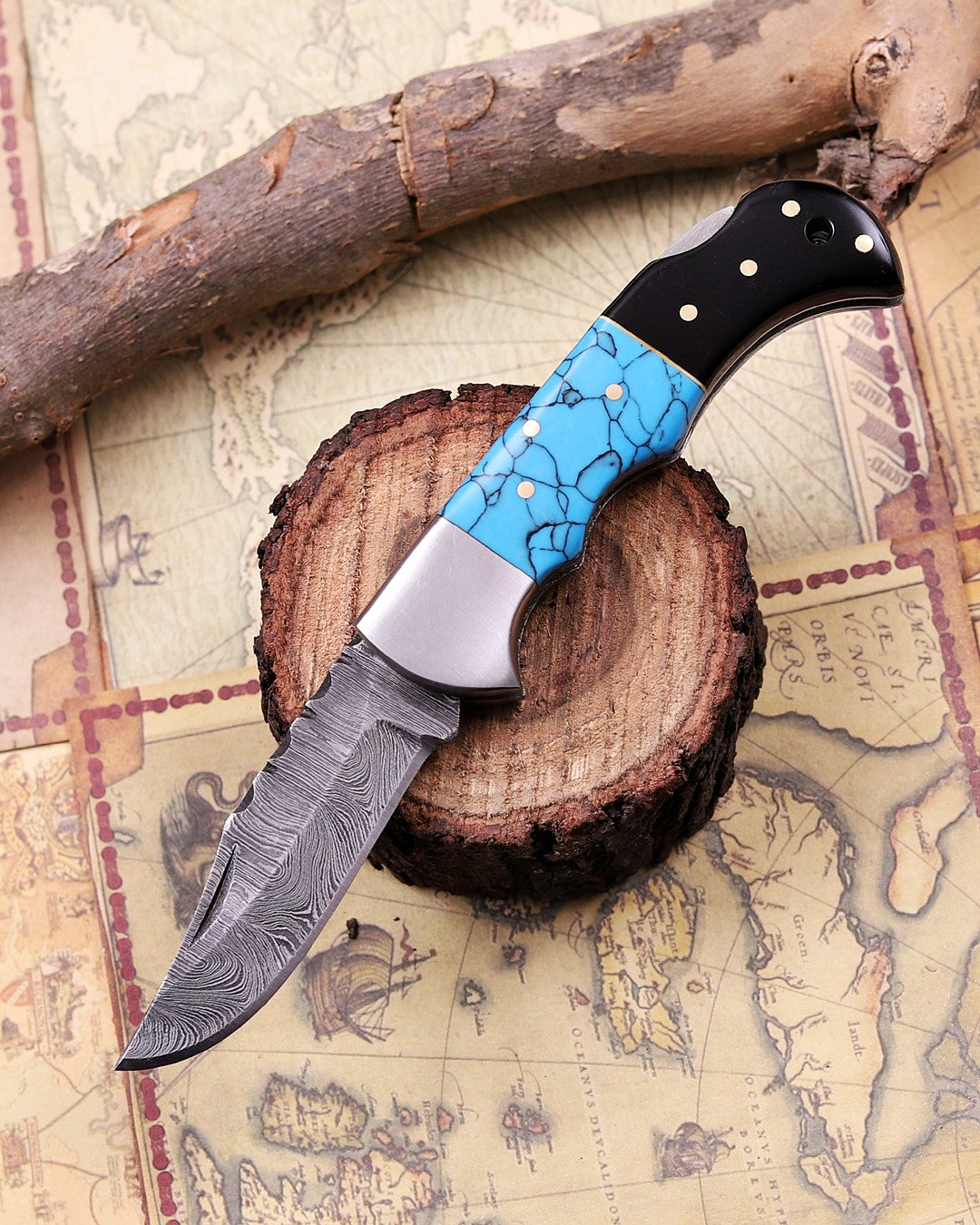 Handmade Damascus Steel Folding Knife with Genuine Turquoise Gemstone Handle – Unique EDC Pocket Knife