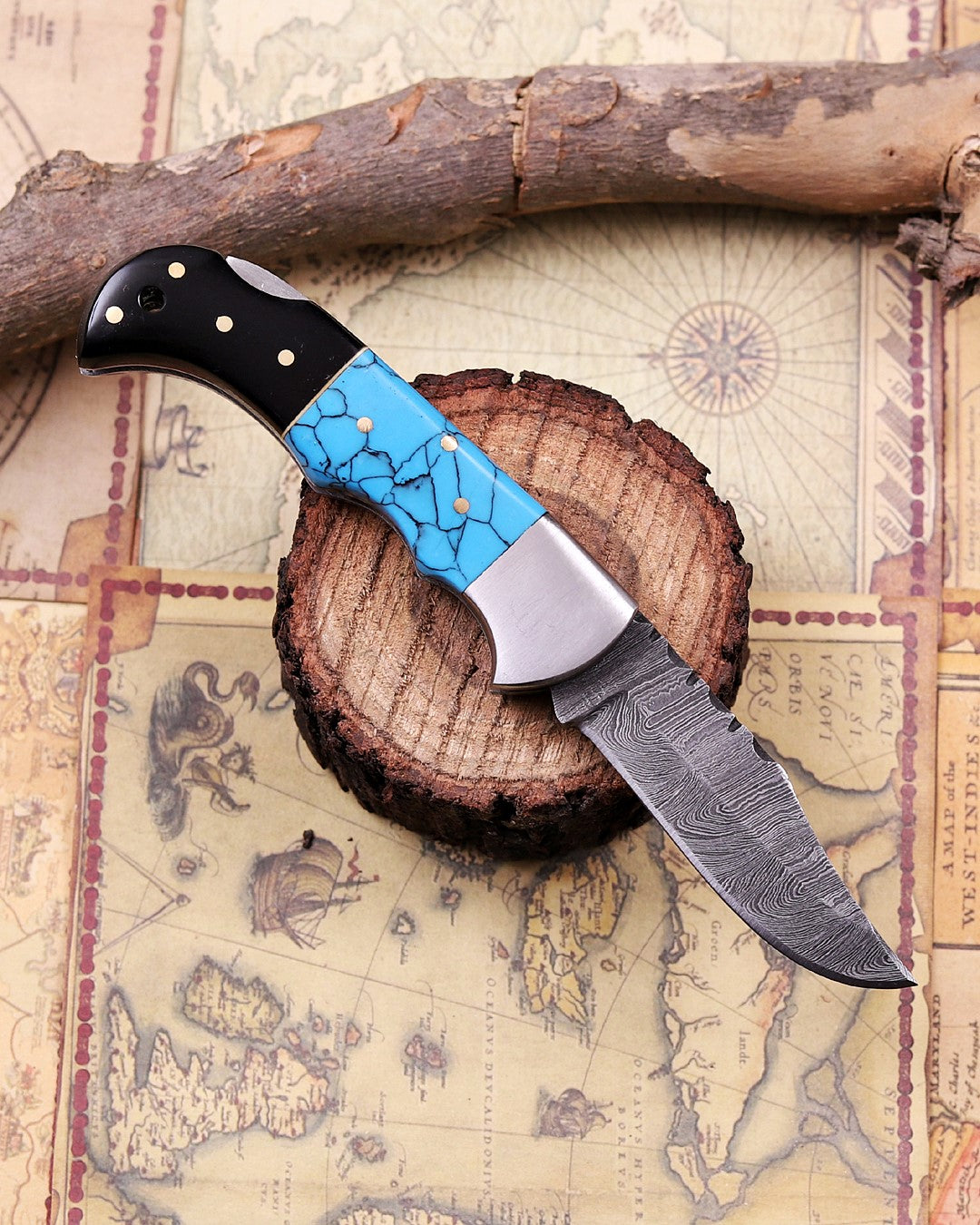 Handmade Damascus Steel Folding Knife with Genuine Turquoise Gemstone Handle – Unique EDC Pocket Knife