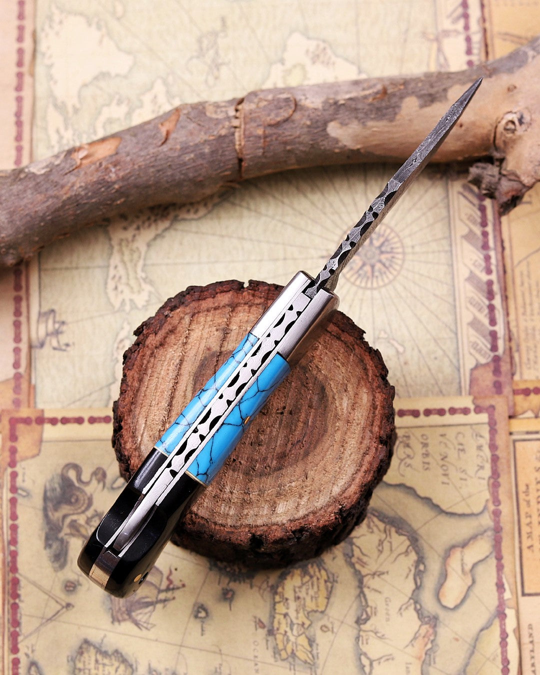 Handmade Damascus Steel Folding Knife with Genuine Turquoise Gemstone Handle – Unique EDC Pocket Knife