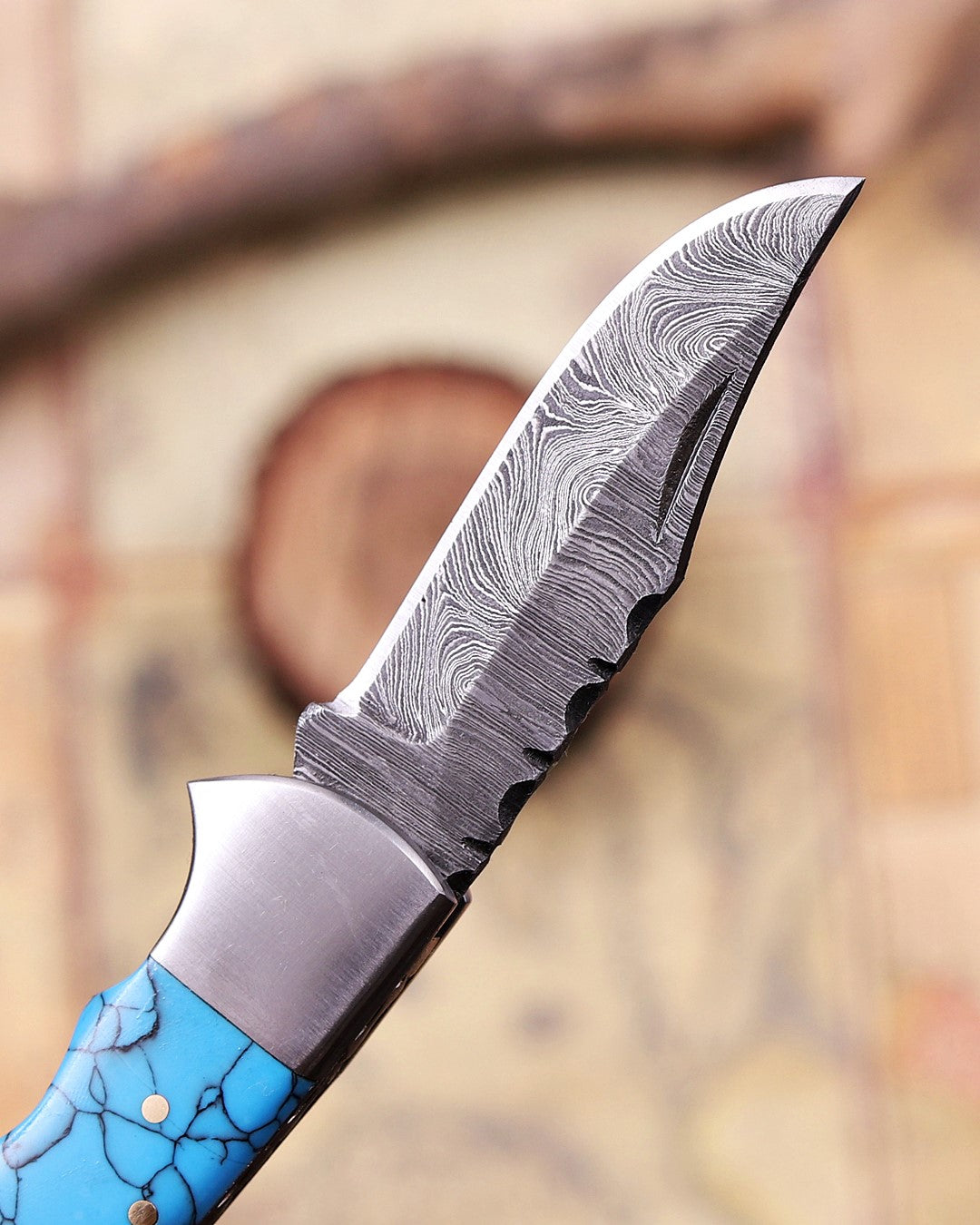 Handmade Damascus Steel Folding Knife with Genuine Turquoise Gemstone Handle – Unique EDC Pocket Knife