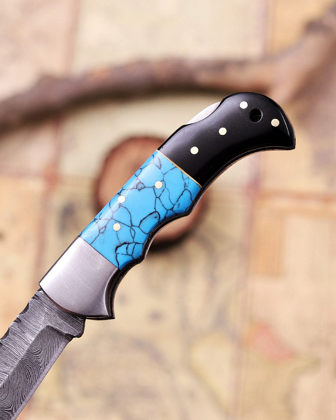 Handmade Damascus Steel Folding Knife with Genuine Turquoise Gemstone Handle – Unique EDC Pocket Knife