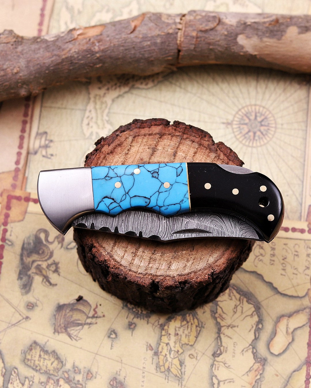 Handmade Damascus Steel Folding Knife with Genuine Turquoise Gemstone Handle – Unique EDC Pocket Knife