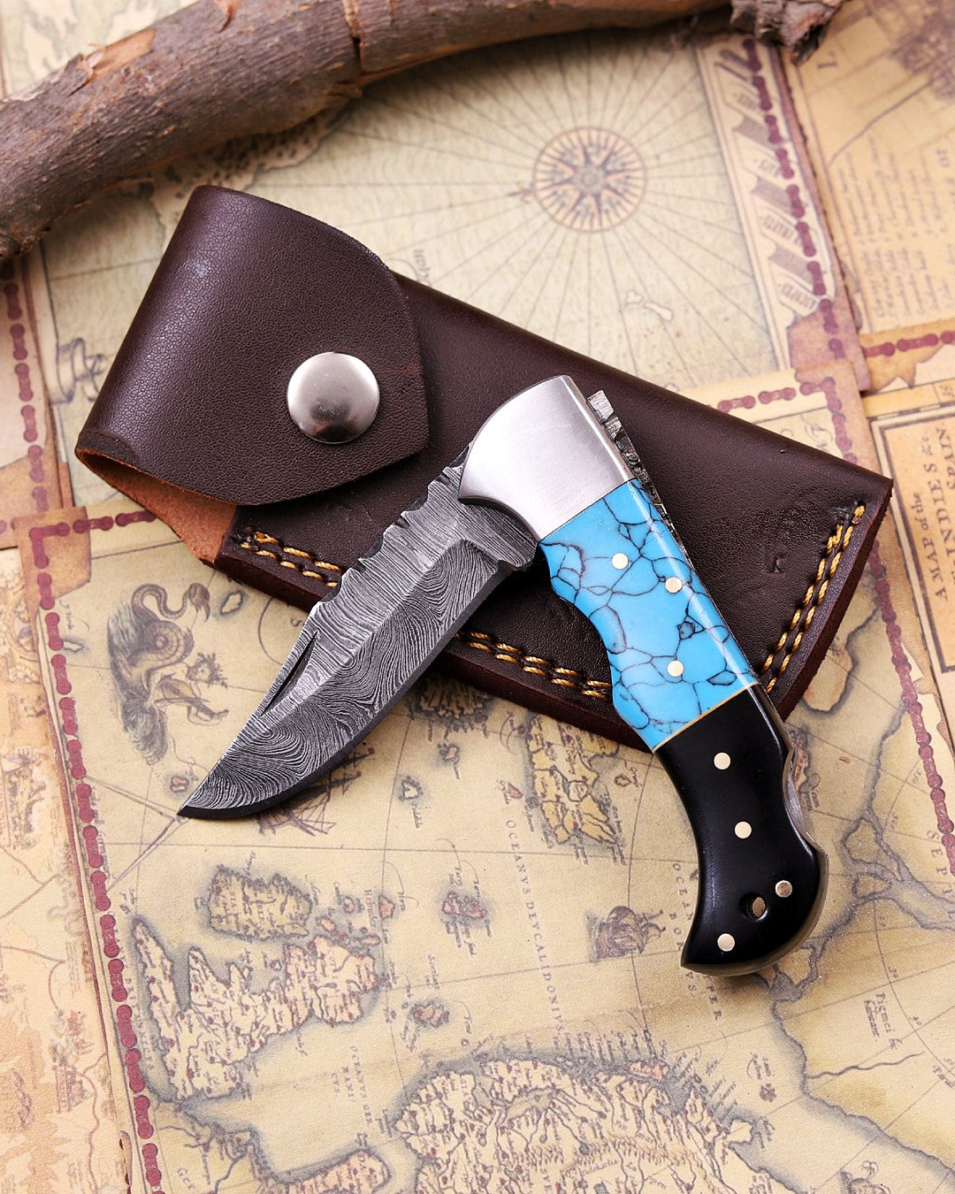 Handmade Damascus Steel Folding Knife with Genuine Turquoise Gemstone Handle – Unique EDC Pocket Knife