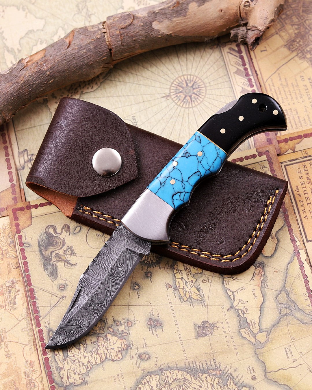 Handmade Damascus Steel Folding Knife with Genuine Turquoise Gemstone Handle – Unique EDC Pocket Knife