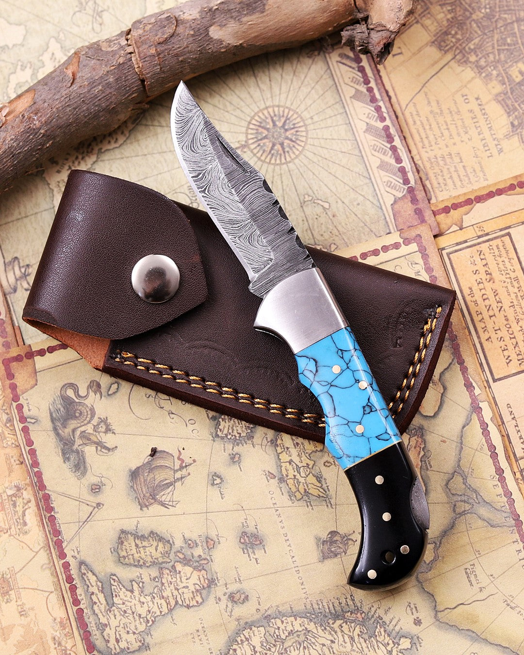 Handmade Damascus Steel Folding Knife with Genuine Turquoise Gemstone Handle – Unique EDC Pocket Knife