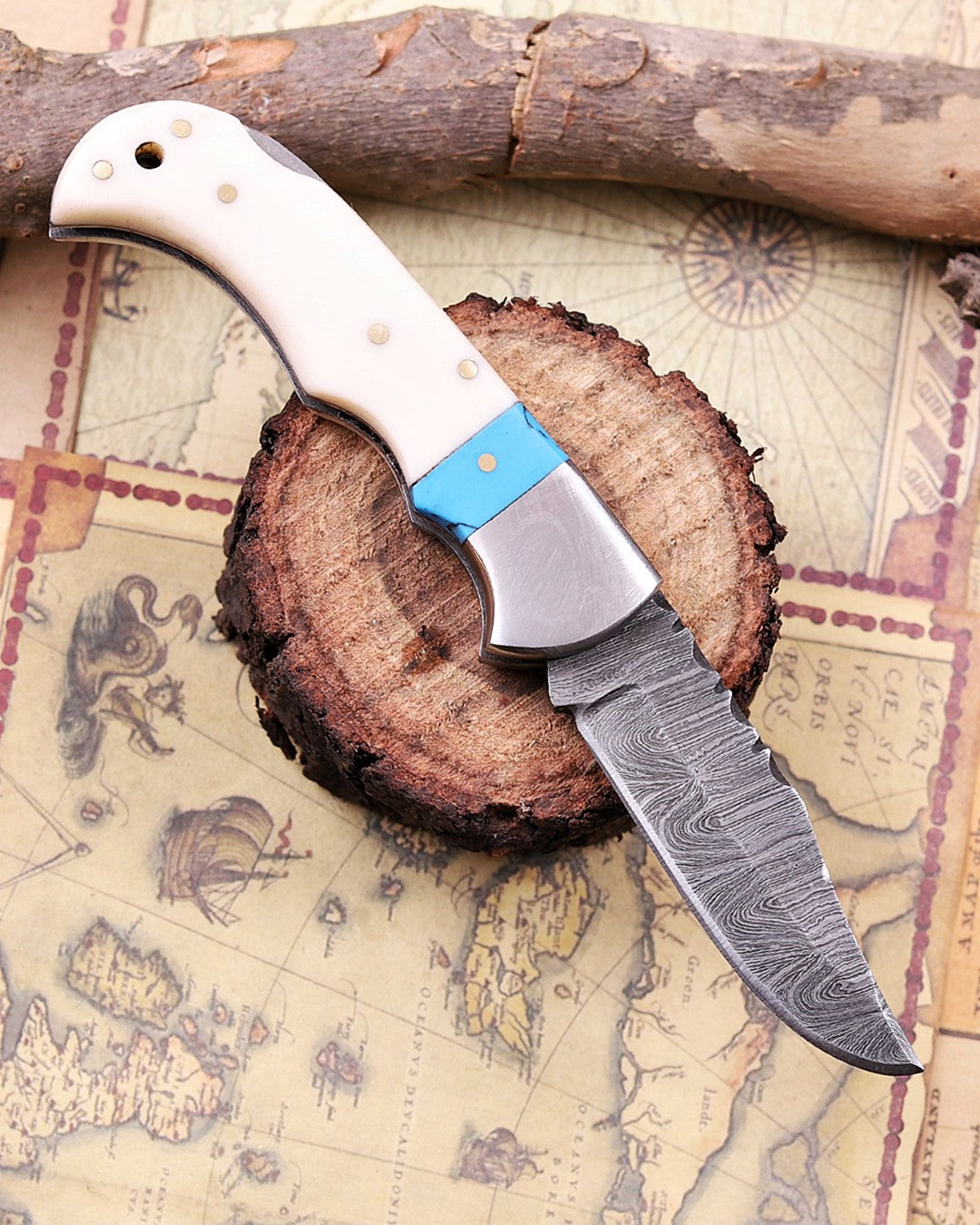 Handcrafted Damascus Steel Folding Knife –  EDC Pocket Knife with Turquoise Inlay Handle