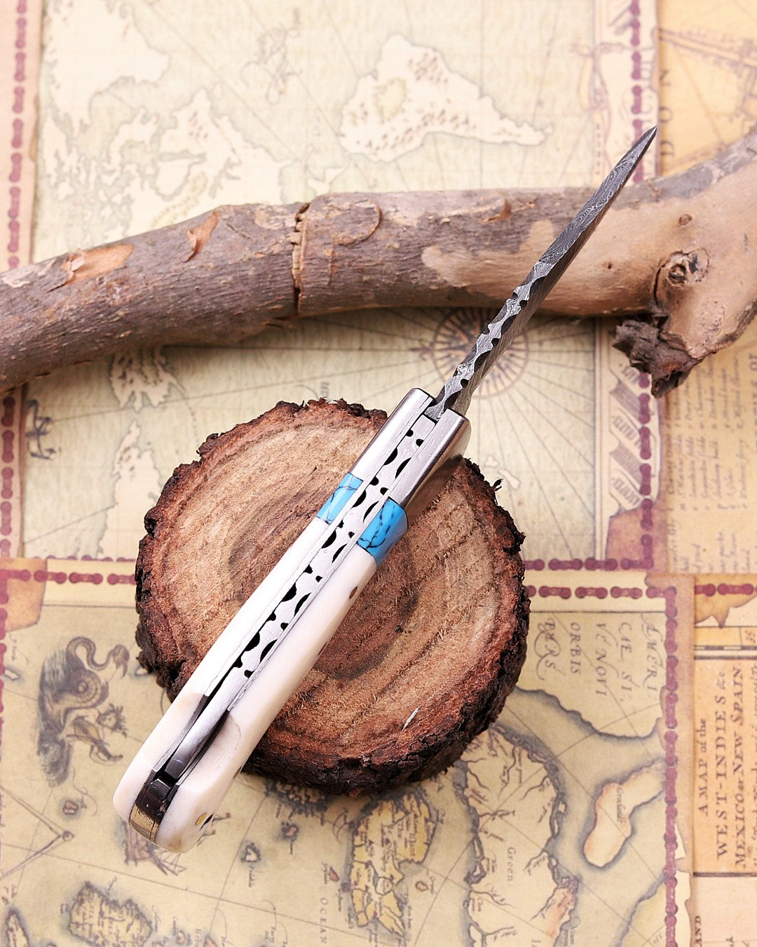 Handcrafted Damascus Steel Folding Knife –  EDC Pocket Knife with Turquoise Inlay Handle