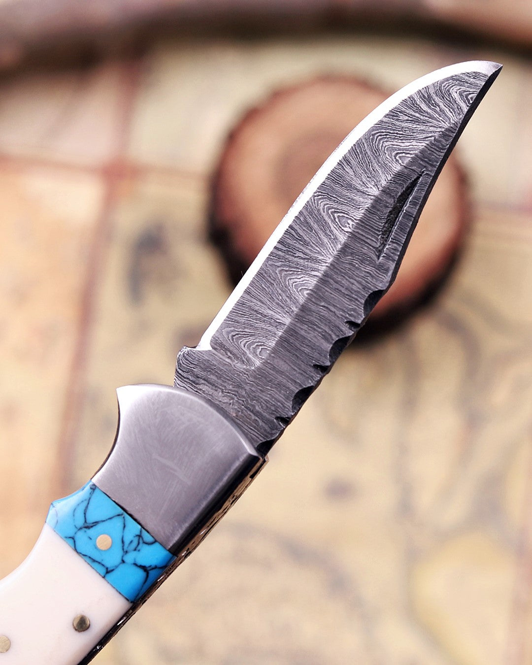 Handcrafted Damascus Steel Folding Knife –  EDC Pocket Knife with Turquoise Inlay Handle