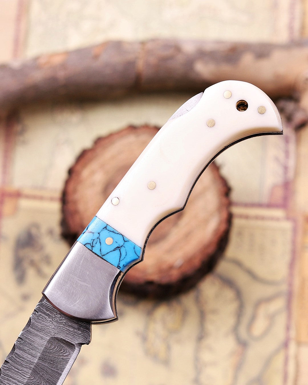 Handcrafted Damascus Steel Folding Knife –  EDC Pocket Knife with Turquoise Inlay Handle