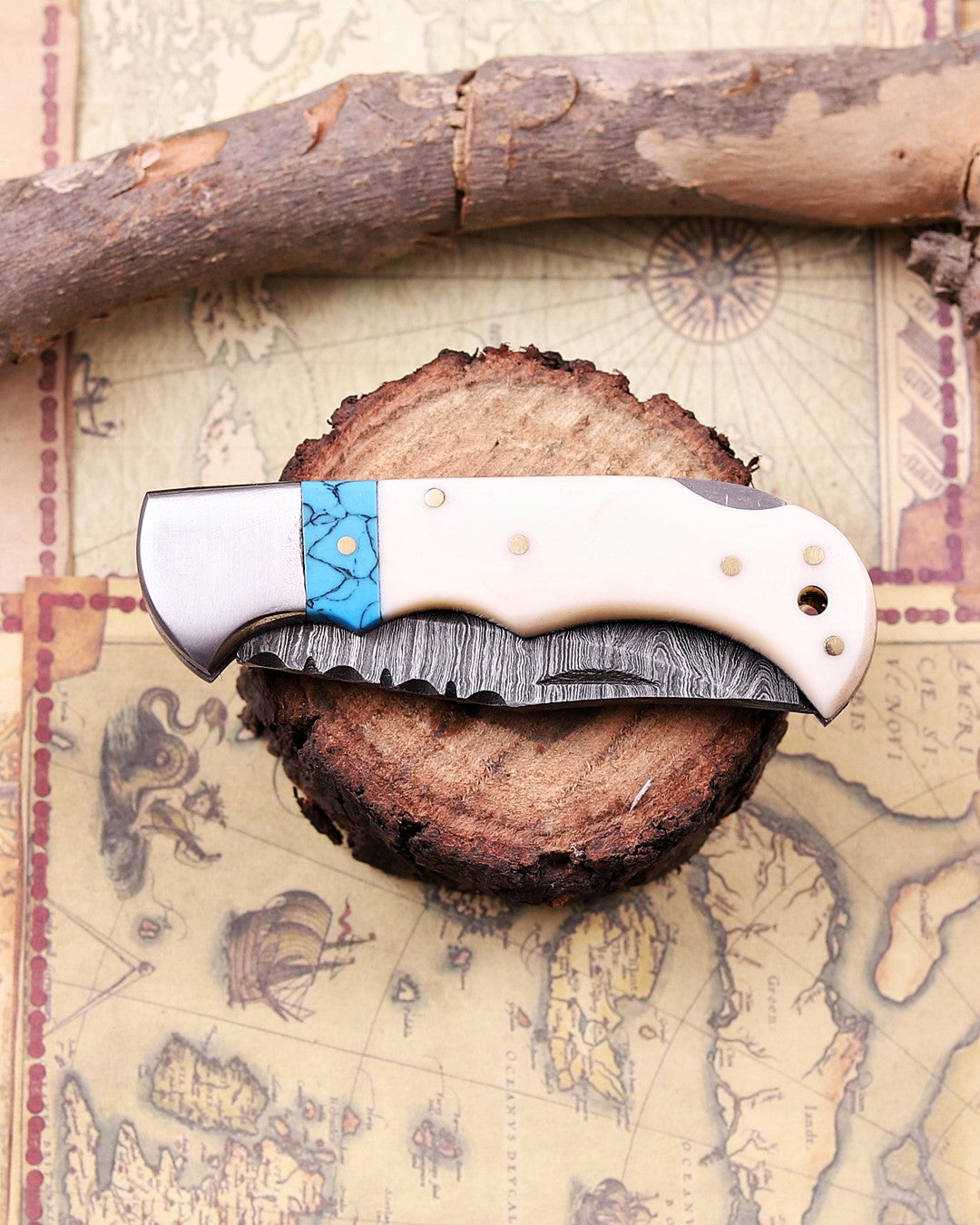 Handcrafted Damascus Steel Folding Knife –  EDC Pocket Knife with Turquoise Inlay Handle