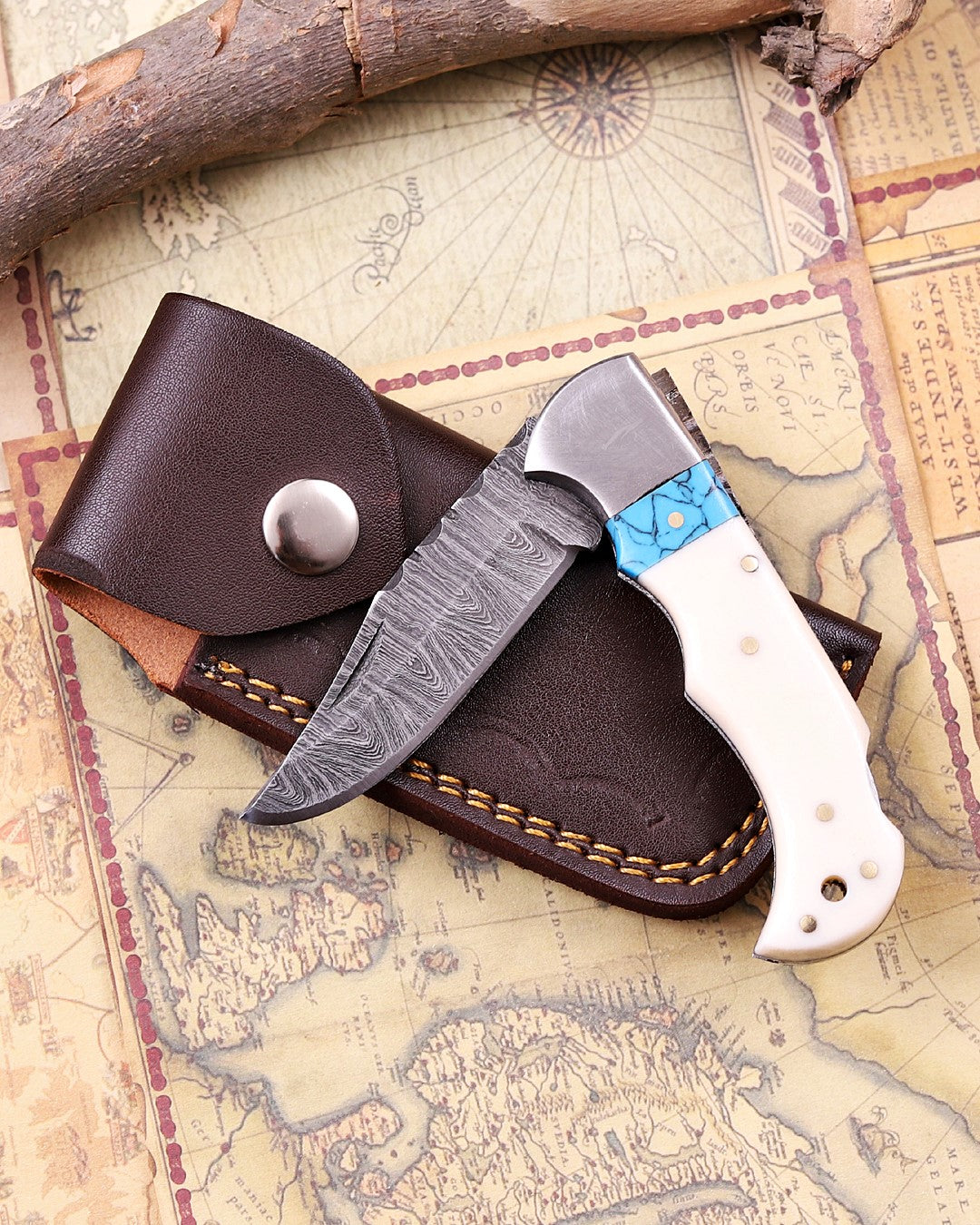 Handcrafted Damascus Steel Folding Knife –  EDC Pocket Knife with Turquoise Inlay Handle