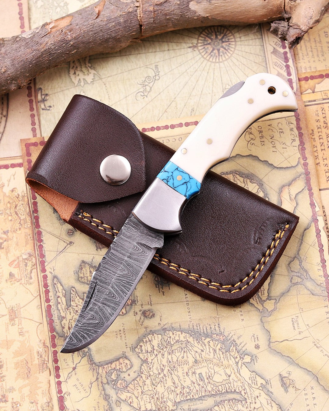 Handcrafted Damascus Steel Folding Knife –  EDC Pocket Knife with Turquoise Inlay Handle