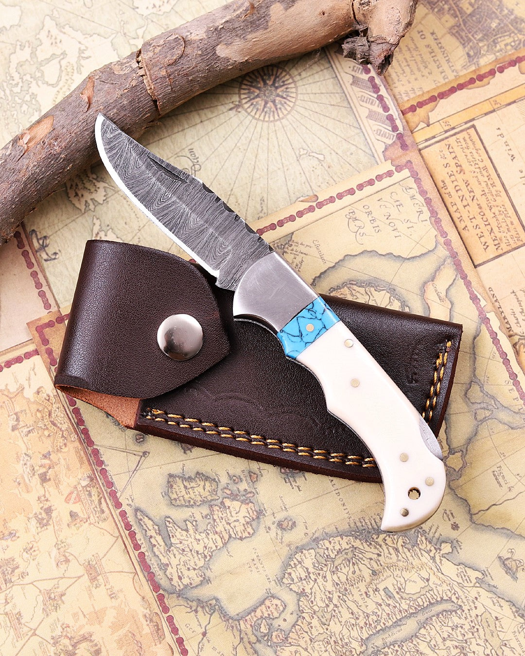 Handcrafted Damascus Steel Folding Knife –  EDC Pocket Knife with Turquoise Inlay Handle