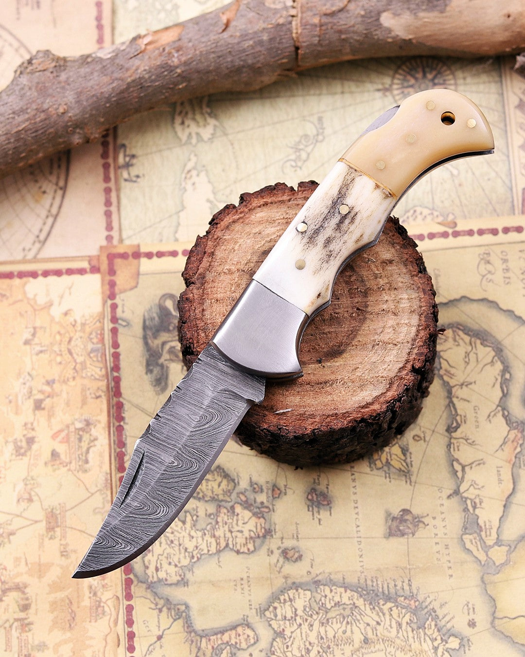 Premium Damascus Steel Pocket Knife Genuine Stag Horn – Handmade Folding EDC Knife for Men