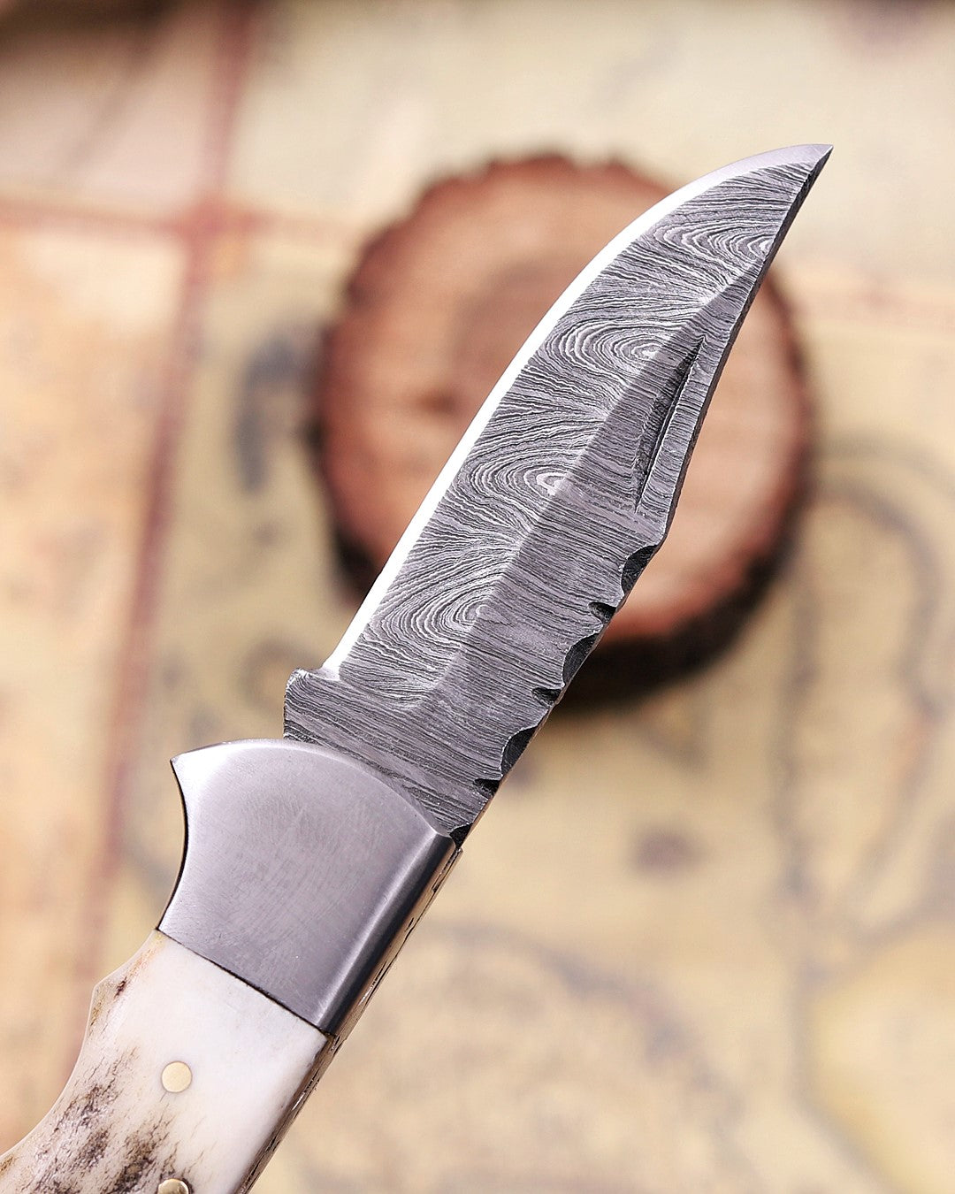 Premium Damascus Steel Pocket Knife Genuine Stag Horn – Handmade Folding EDC Knife for Men