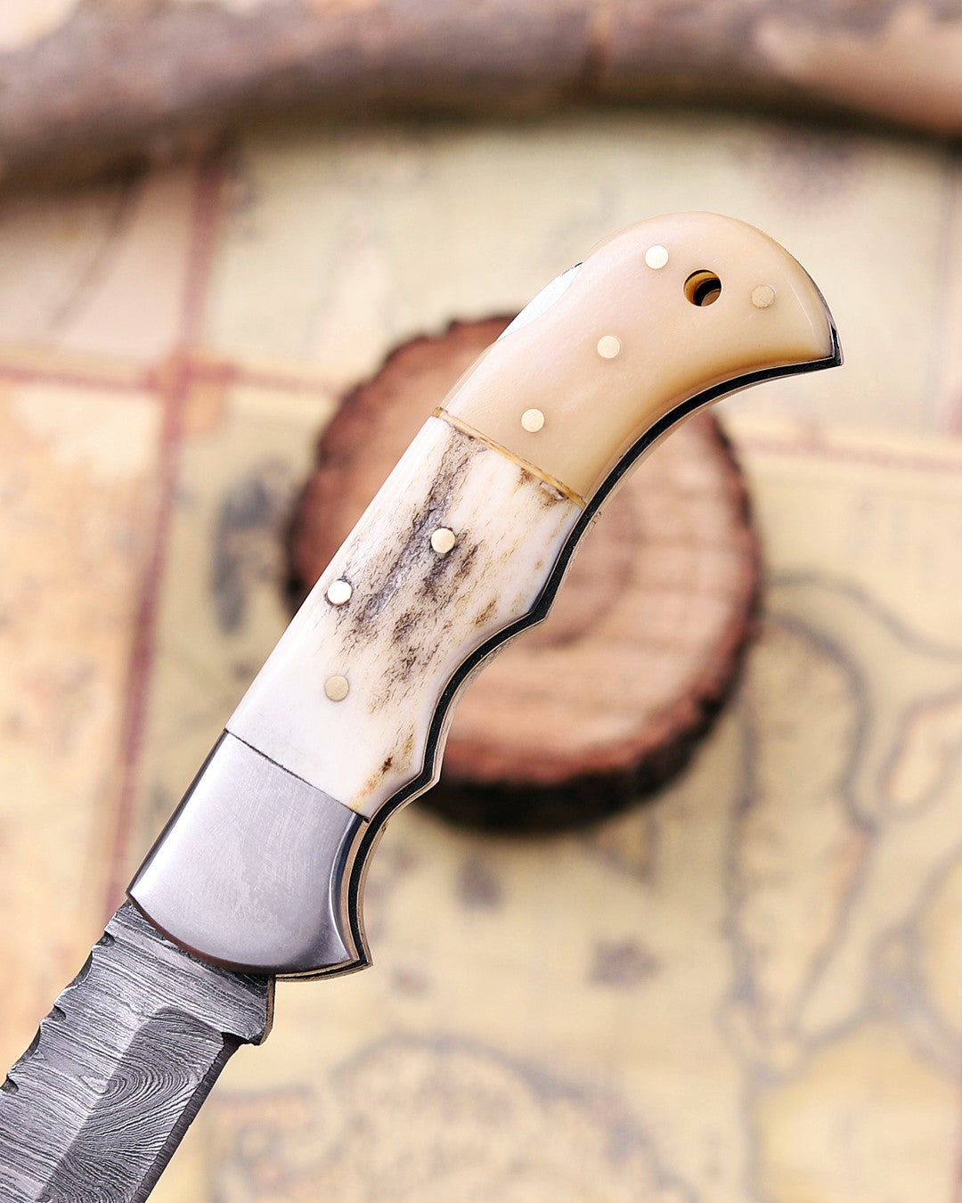 Premium Damascus Steel Pocket Knife Genuine Stag Horn – Handmade Folding EDC Knife for Men
