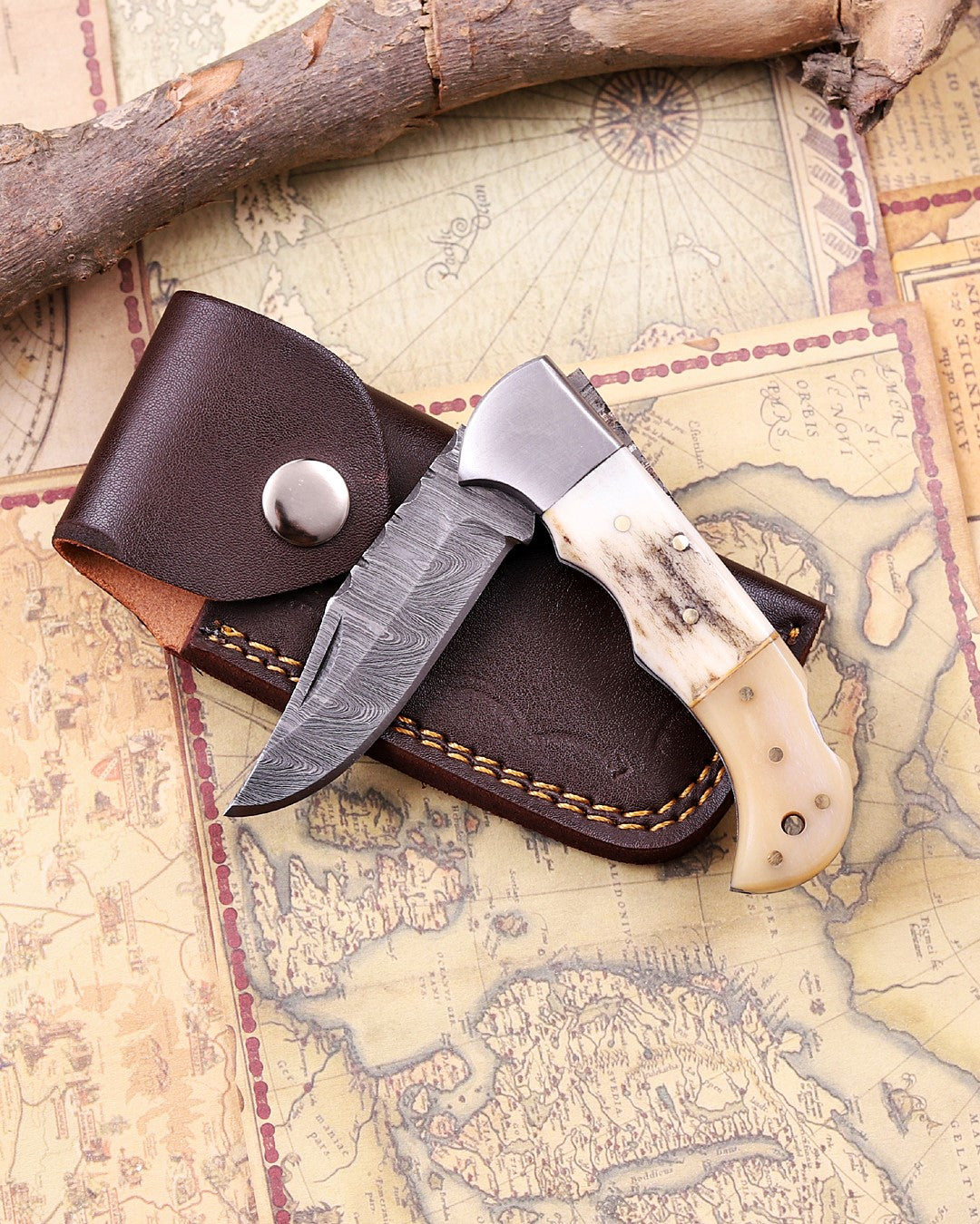 Premium Damascus Steel Pocket Knife Genuine Stag Horn – Handmade Folding EDC Knife for Men