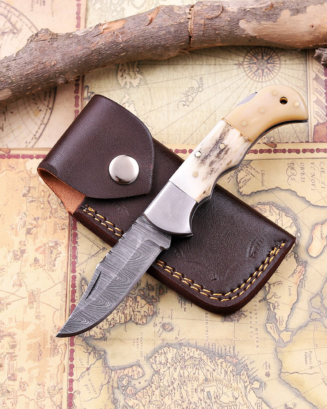 Premium Damascus Steel Pocket Knife Genuine Stag Horn – Handmade Folding EDC Knife for Men
