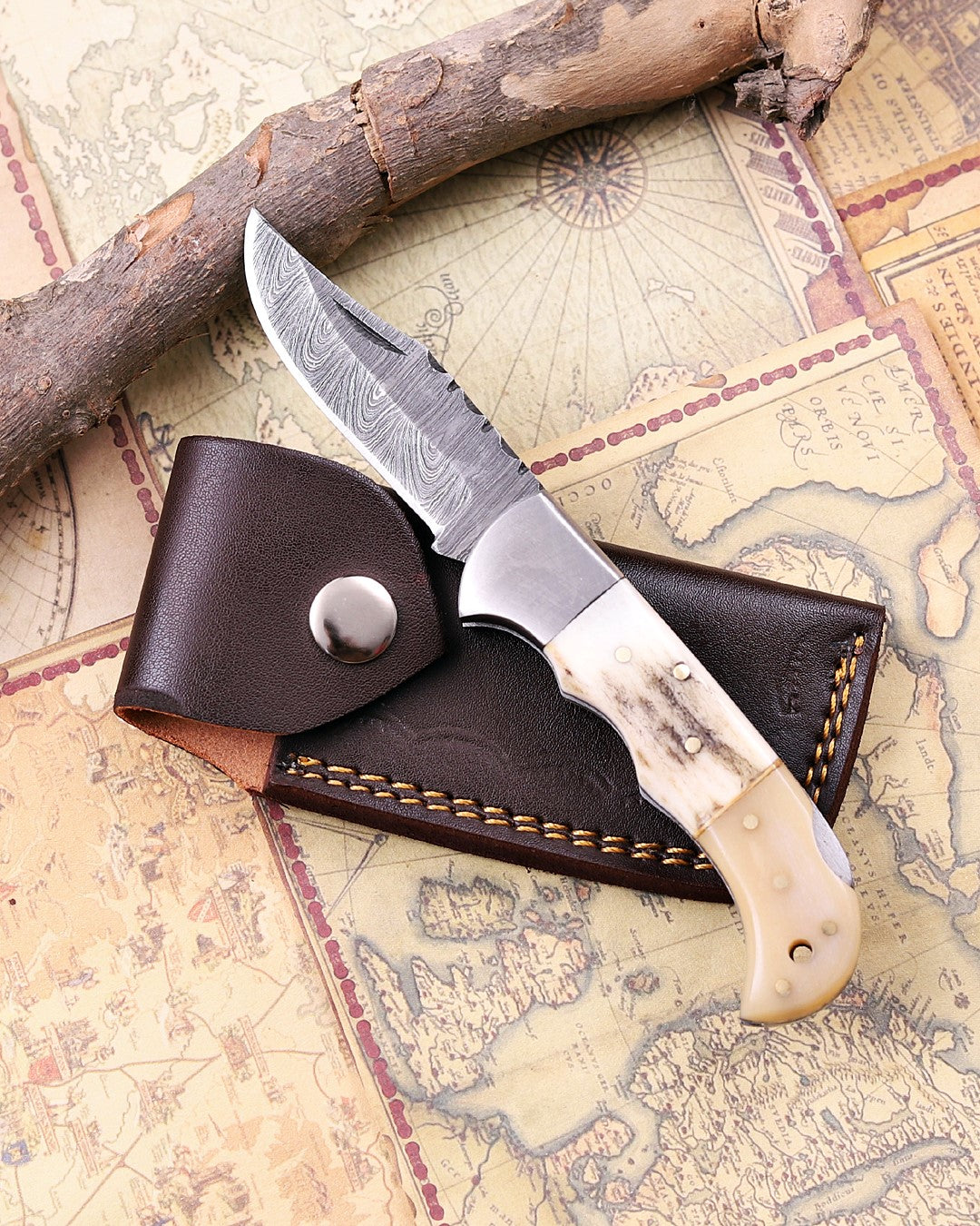 Premium Damascus Steel Pocket Knife Genuine Stag Horn – Handmade Folding EDC Knife for Men