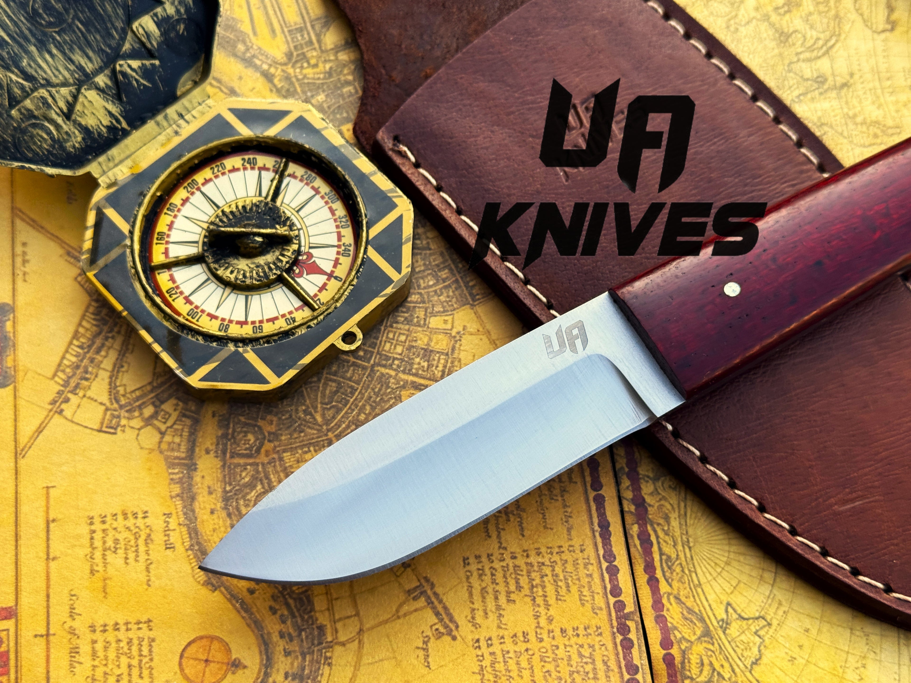 UA Horizon handmade camping knife with G10 Micarta handle and 12C27 stainless steel skinner blade, ideal for outdoor tasks.