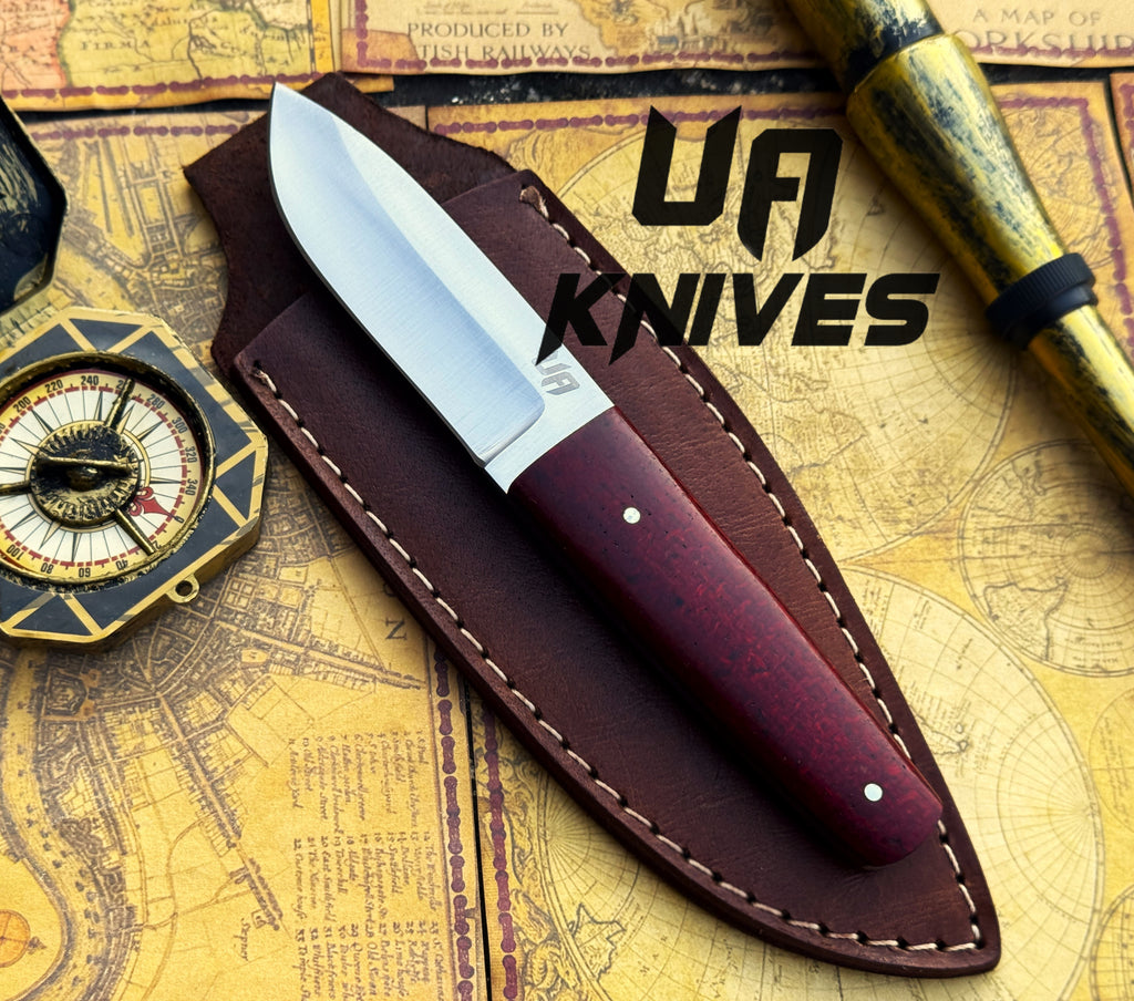 UA Horizon handmade camping skinning knife with 12C27 stainless steel blade and G10 Micarta handle, perfect for outdoor tasks.