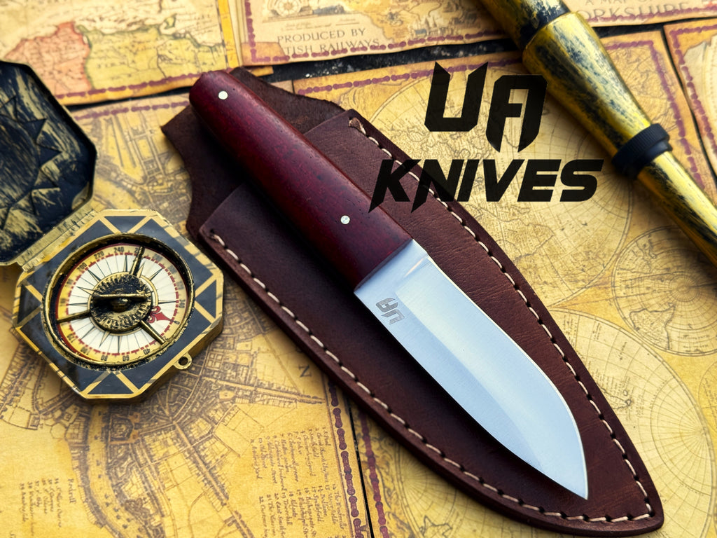 UA Horizon camping knife with handmade 12C27 stainless steel skinning blade and G10 Micarta handle, ideal for outdoor use.