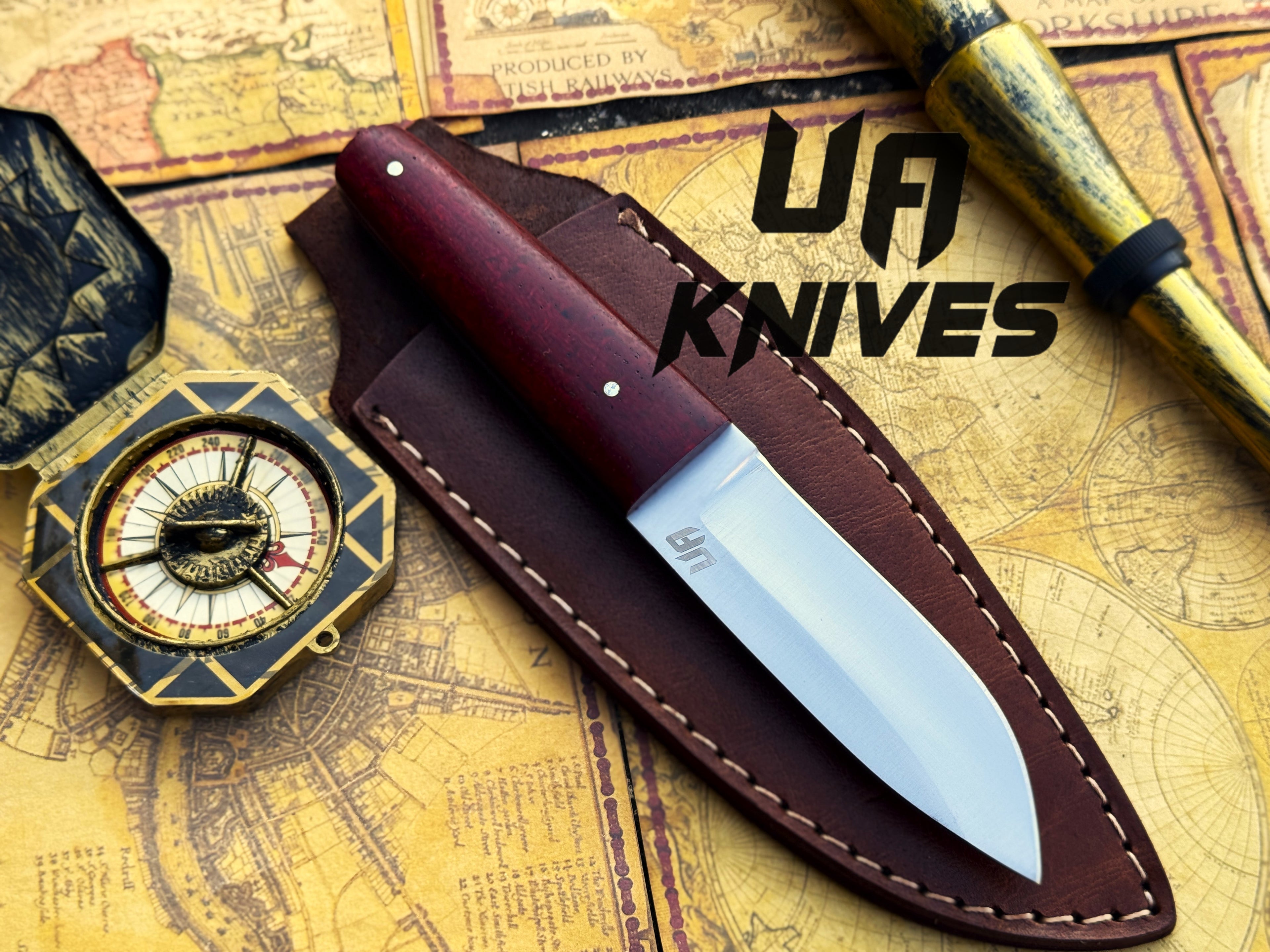 UA Horizon camping knife with handmade 12C27 stainless steel skinning blade and G10 Micarta handle, ideal for outdoor use.