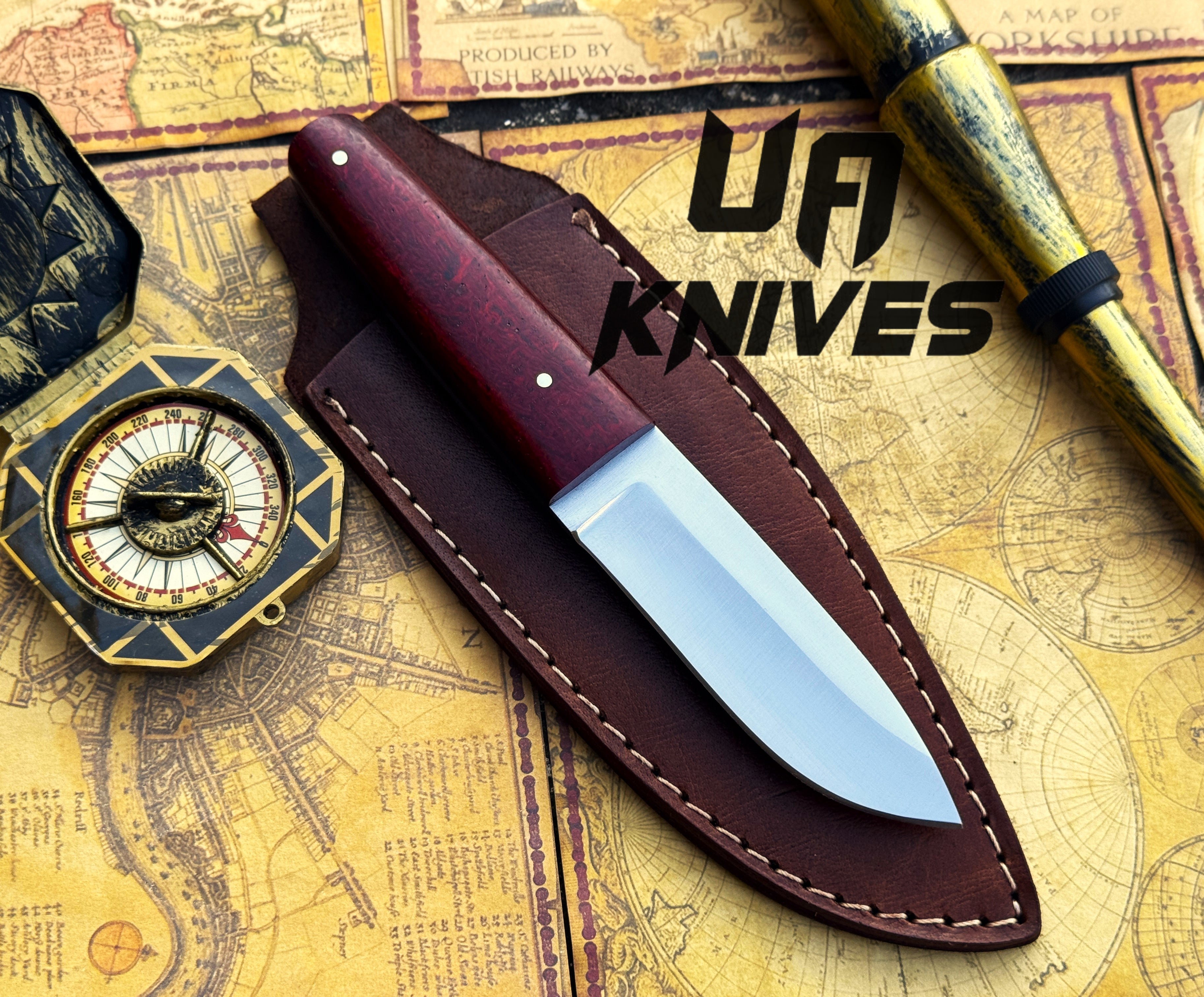 UA Horizon camping knife with handmade 12C27 stainless steel blade and G10 Micarta handle, ideal for outdoor survival and camping.