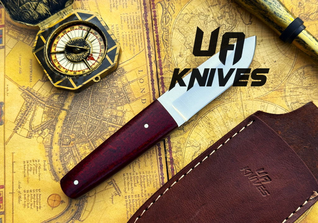UA Horizon handmade camping knife with 12C27 stainless steel blade and G10 Micarta handle, outdoor survival tool.