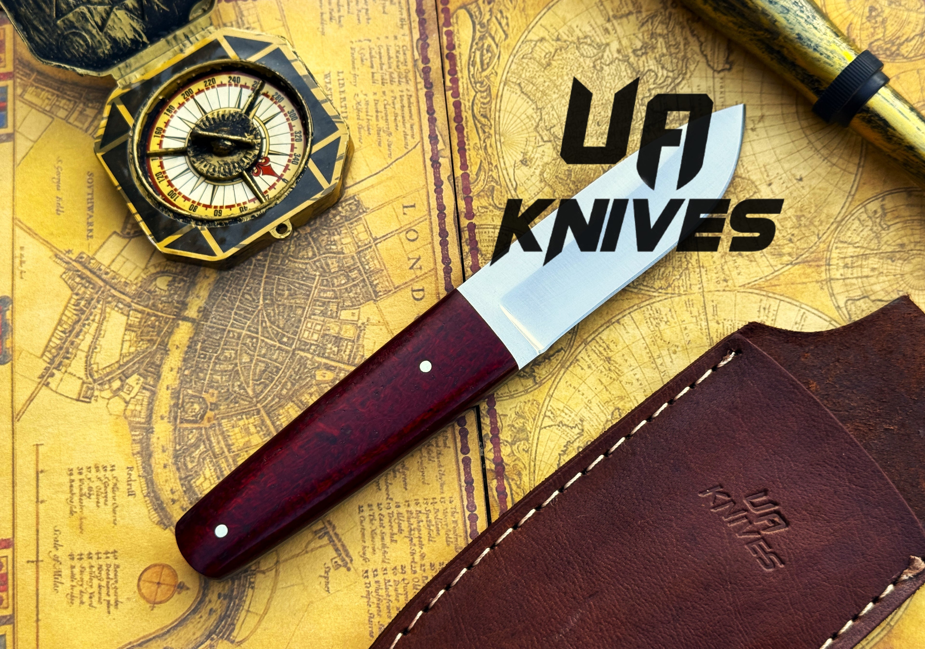 UA Horizon handmade camping knife with 12C27 stainless steel blade and G10 Micarta handle, outdoor survival tool.